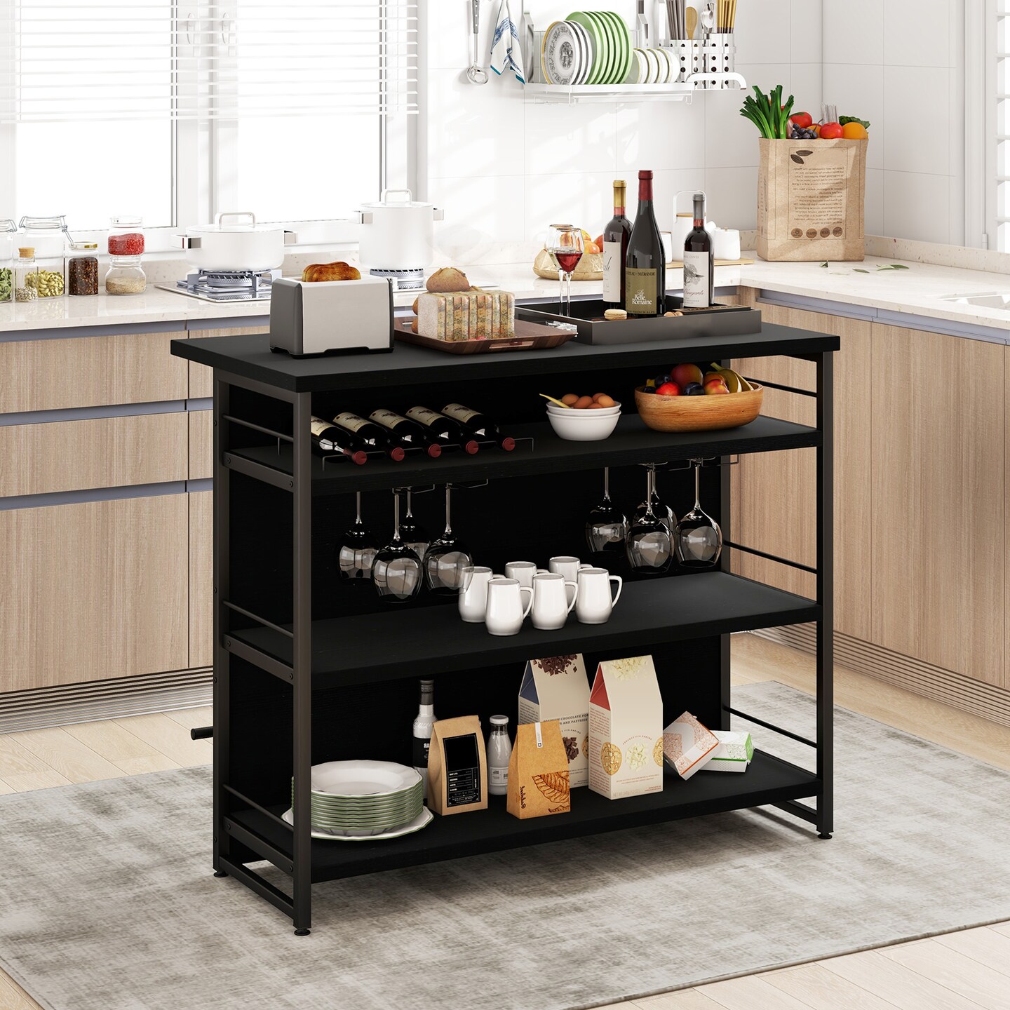 Black 4-Tier Storage Shelf Kitchen Island with 5-Bottle Wine Rack and 4-Row Glass Holders