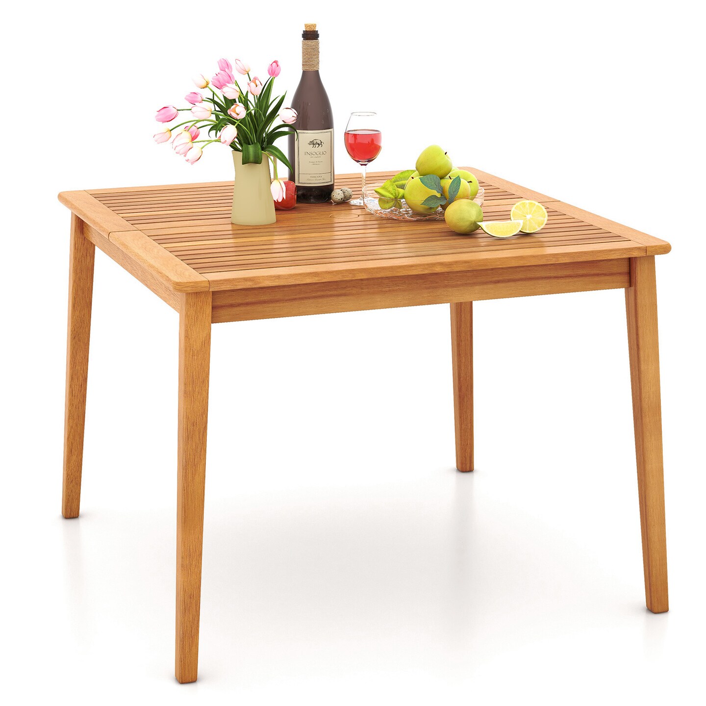 Natural Acacia Wood 4-Person Patio Dining Square Table with Umbrella Hole