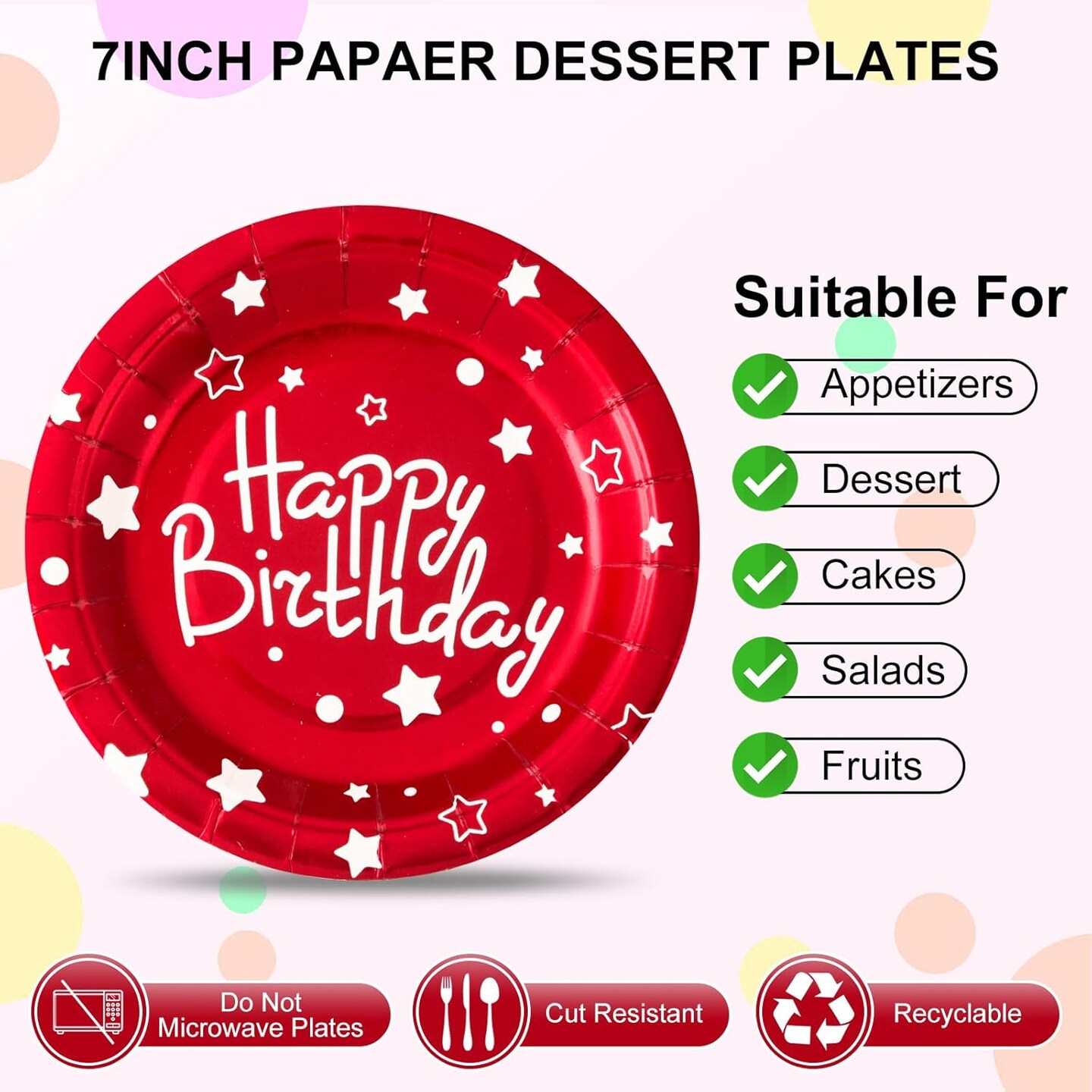 Party Paper Plates, Red Polka Dots - 7inch, 50pcs, Foil, Perfect for Birthday Celebrations
