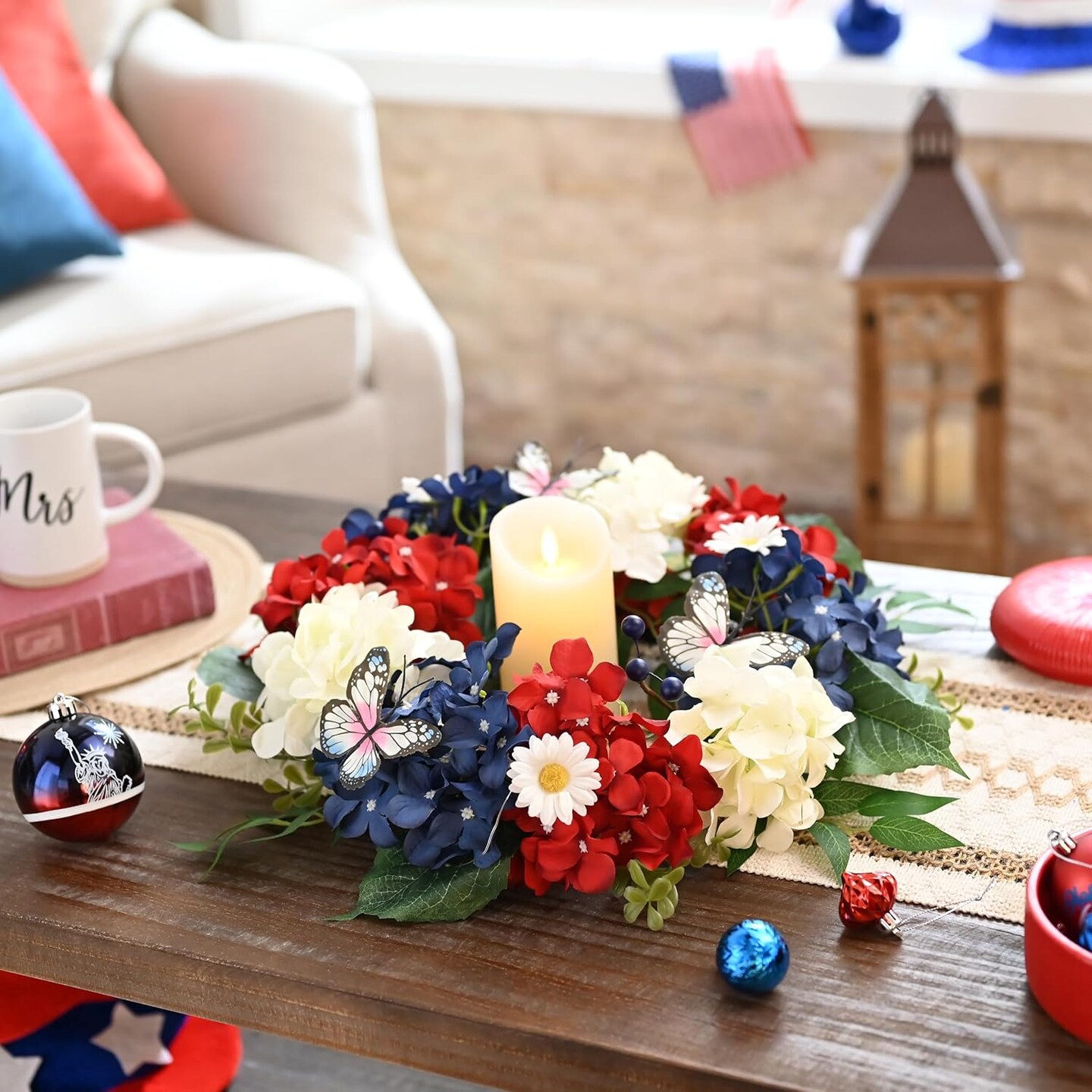 Patriotic Hydrangeas Wreaths for Front Door with Lights,Red White Blue Summer Artificial Floral Memorial Day Wreath with Eucalyptus Leaves Butterfly for 4th of July 18&#x27;&#x27;