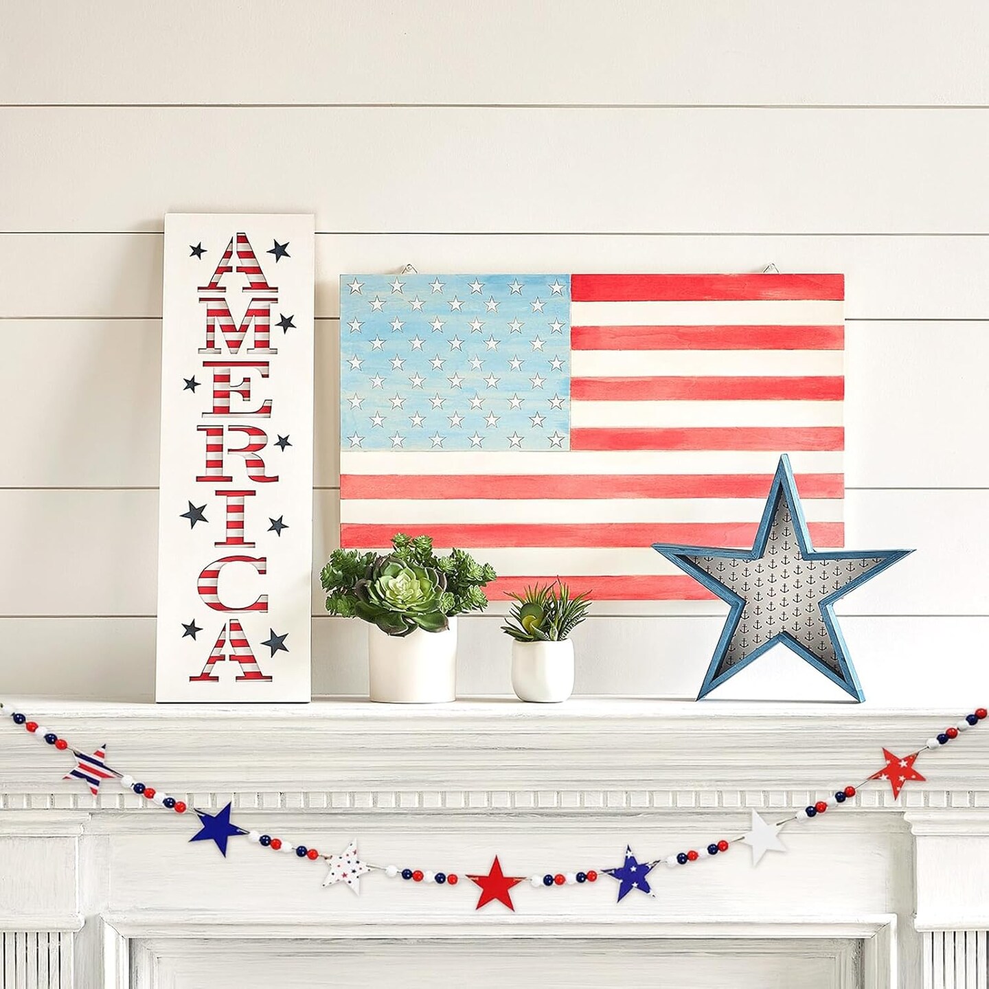 Red White Blue Wood Bead Garland for 4th of July Decorations