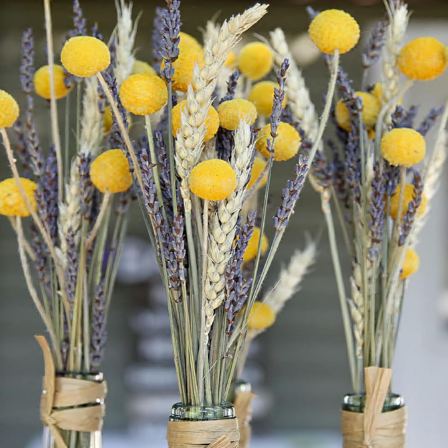 Dried Flowers Bouquet Dried Wheat Stalks Bundle Natural Lavender Dried Flowers Craspedia Flowers Dried Floral Arrangements for Wedding Party Table Centerpiece Decor Farmhouse DIY