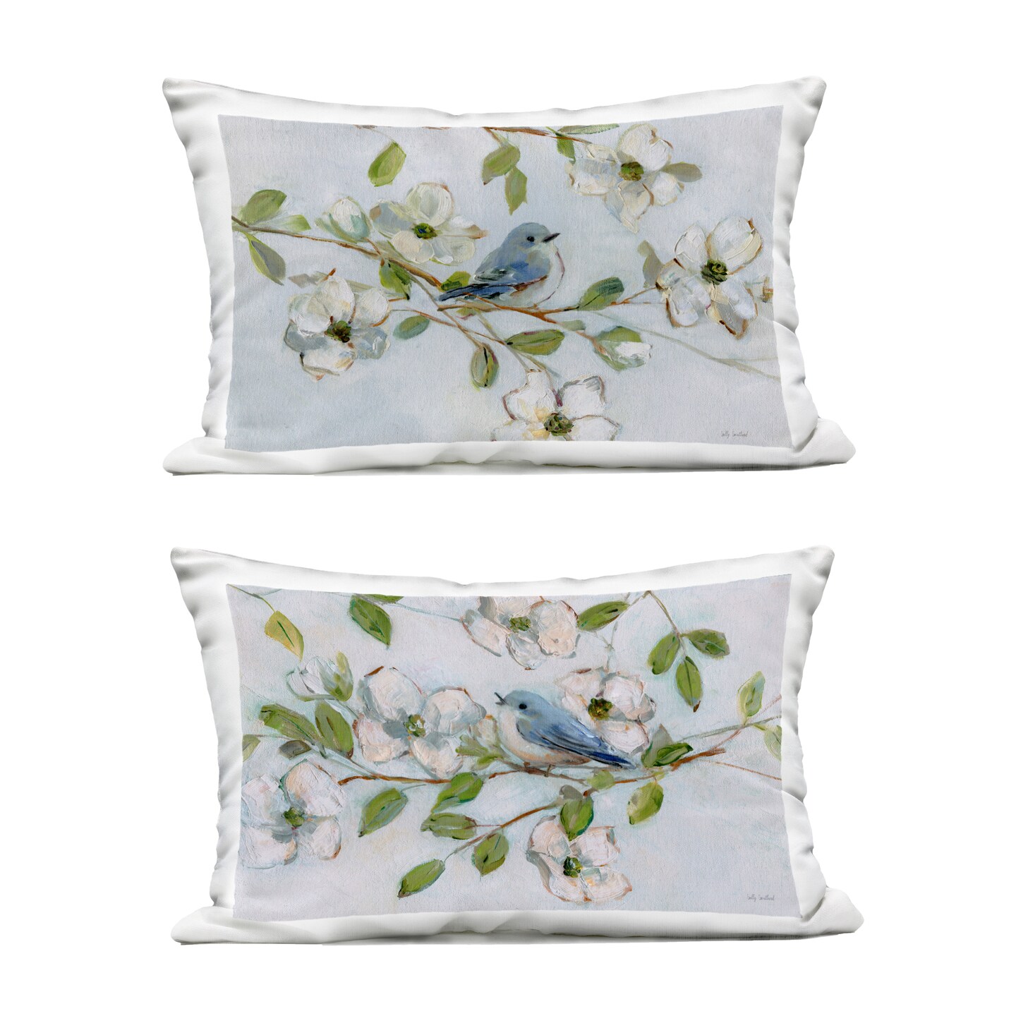 Stupell Industries Perched Bluebirds on Branch 2pc Outdoor Printed Pillow Set design by Sally Swatland, 14 x 7 x 20