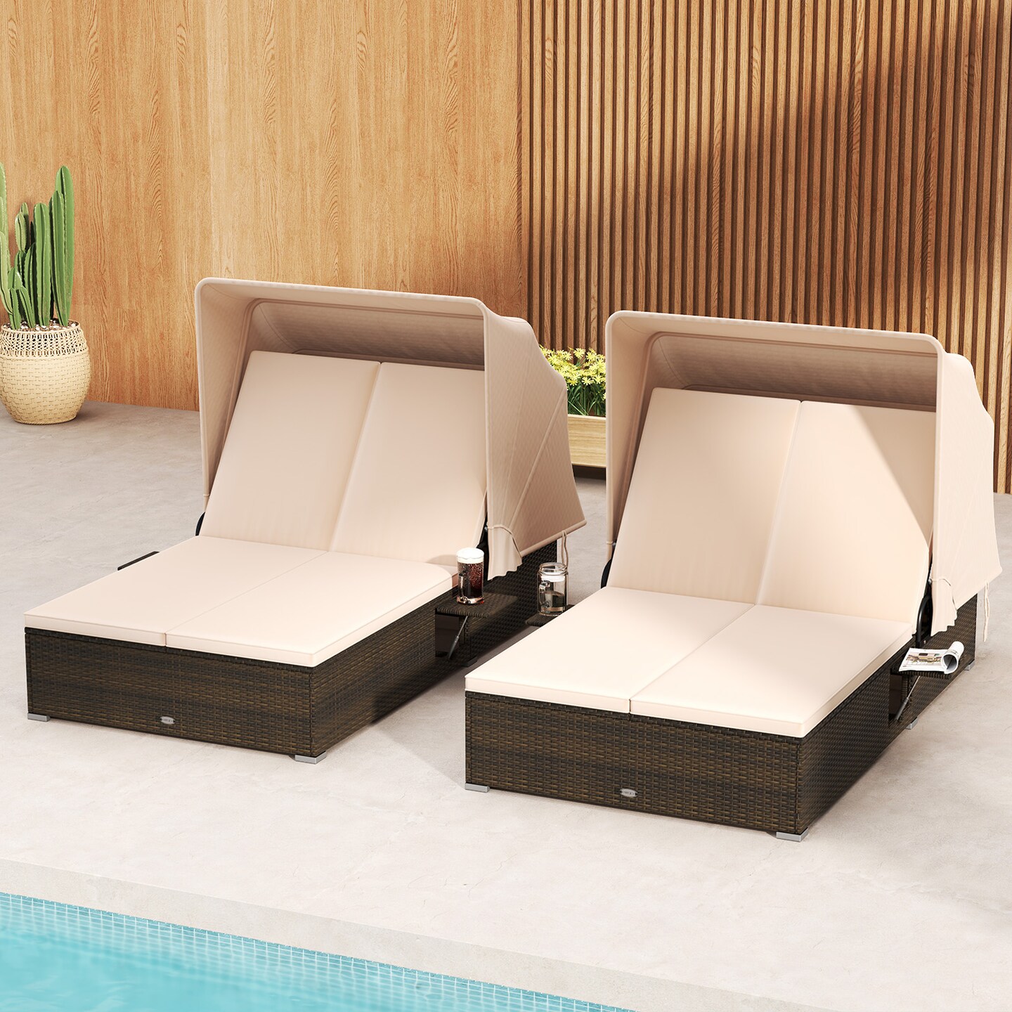 Double Chaise Lounge with Adjustable Backrests, Retractable Canopy & Cushions