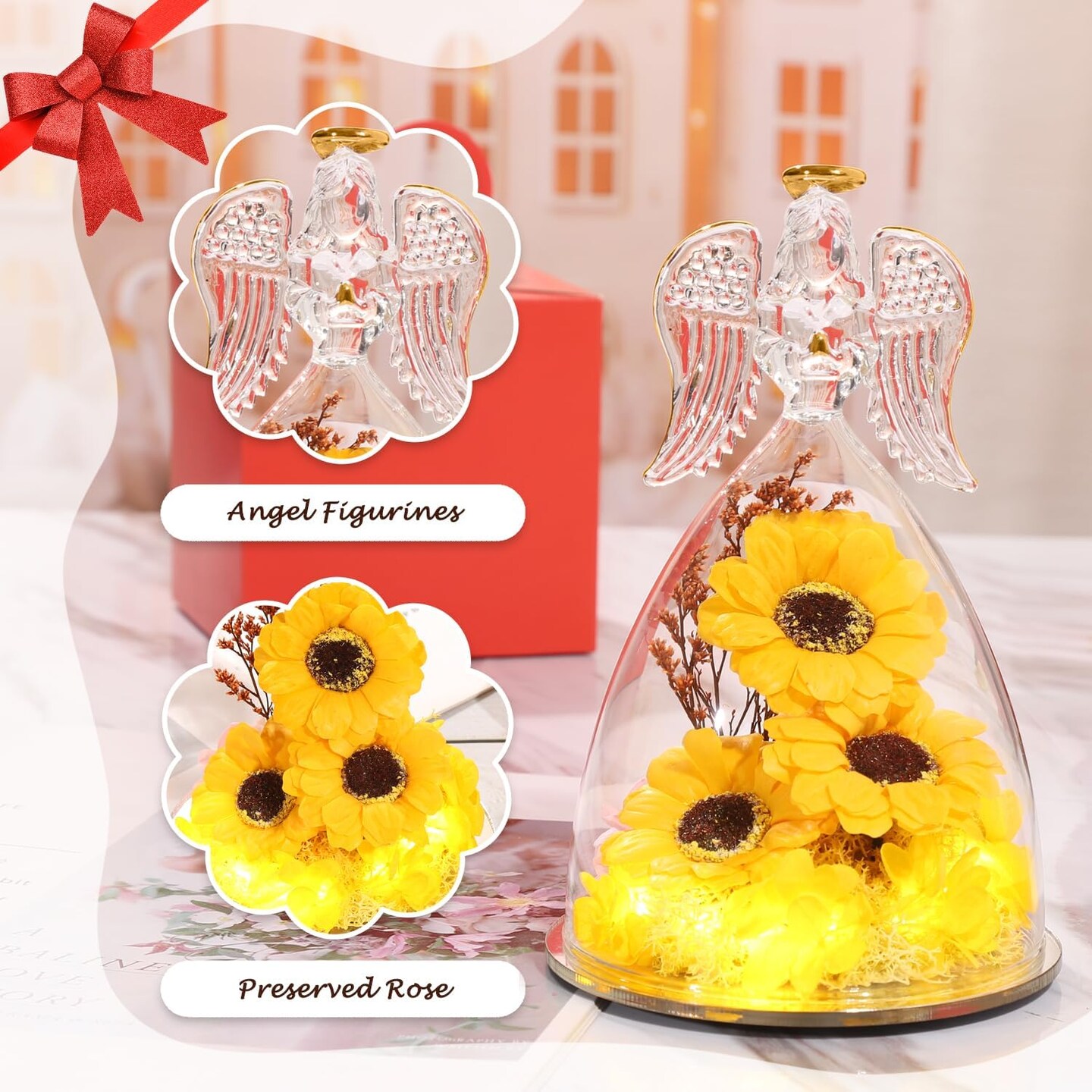 Mothers Day Rose Gifts for Mom,Sunflower Gifts for Her,Angels Figurines with 3 Sunflowers &#x26; Lighted with Necklace,Sunflower Birthday Gifts for Women Mom Wife Girlfriend