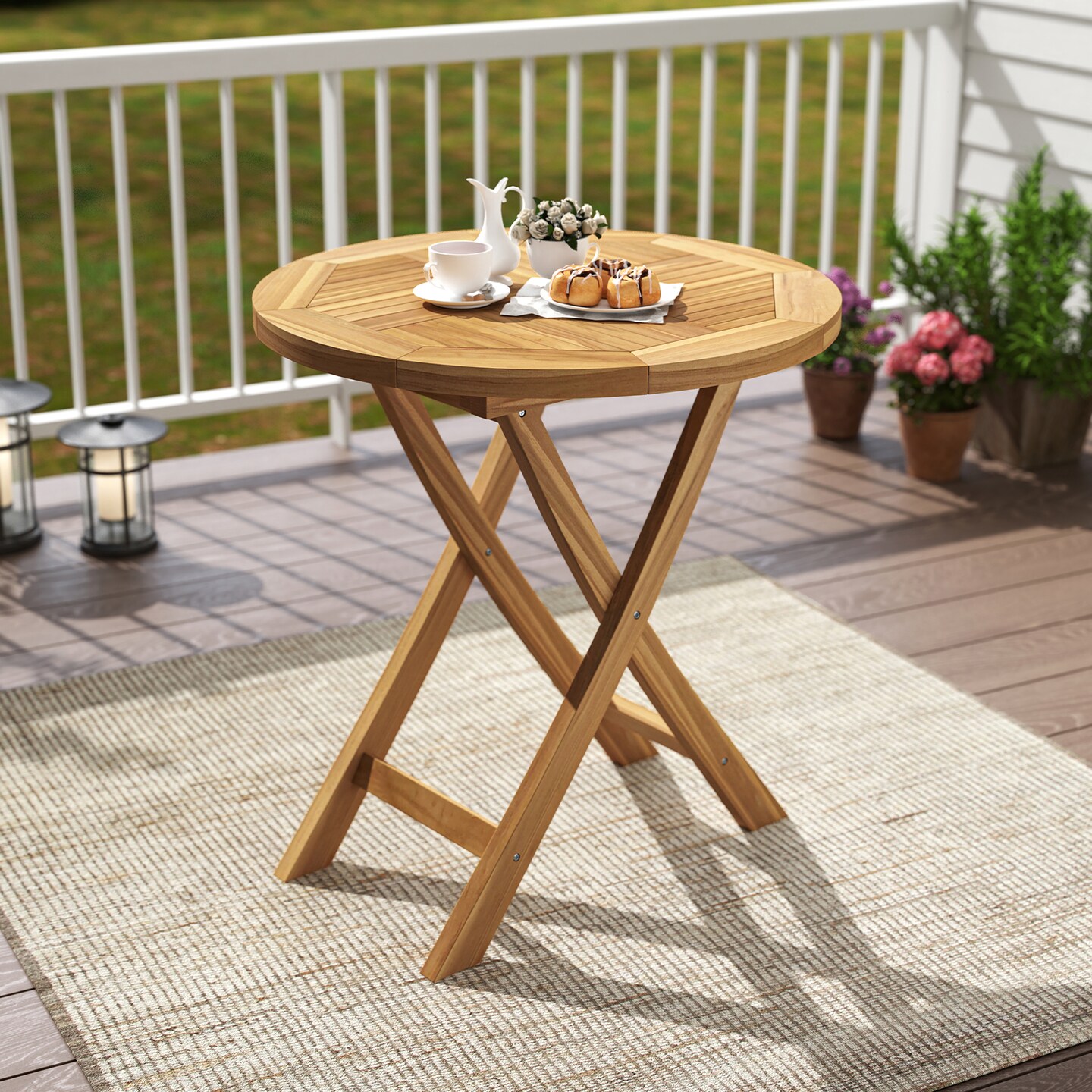 27.5&#x27;&#x27; Natural Teak Wood Outdoor Bistro Table Round Patio Dining Table with Slatted Top