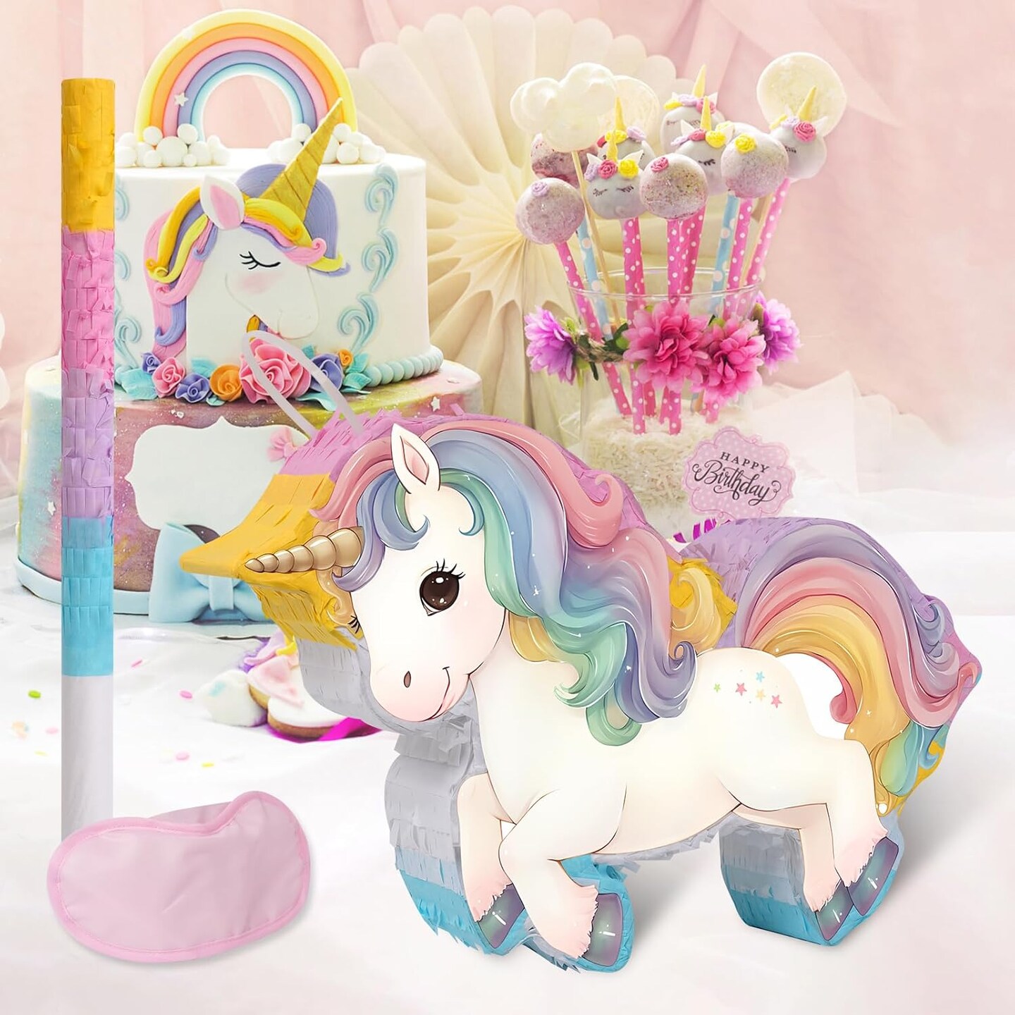 Magical Unicorn Pi&#xF1;ata - Small Unicorn Pi&#xF1;ata with Blindfold and Bat for Girls Kids Rainbow Unicorn Themed Birthday Party Games Decorations