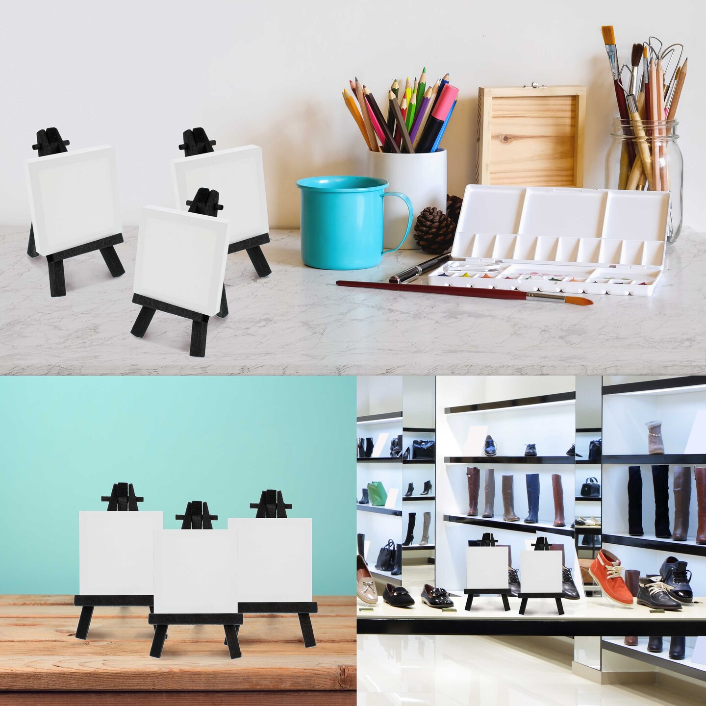 5&#x22; Mini Black Wood Display Easel (6 Pack), A-Frame Artist Painting Party Tripod Easel - Tabletop Holder Stand for Kids Crafts Small Canvases Cards