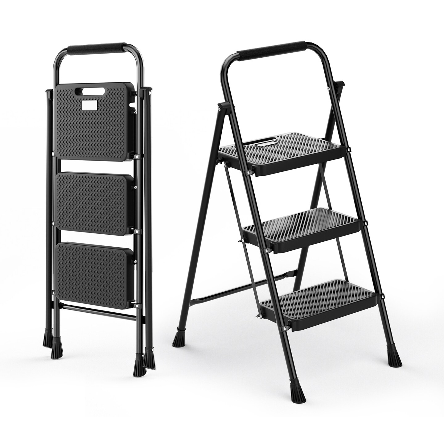 Black Metal Portable Folding 3 Step Ladder with Wide Anti-Slip Pedal and Convenient Handle