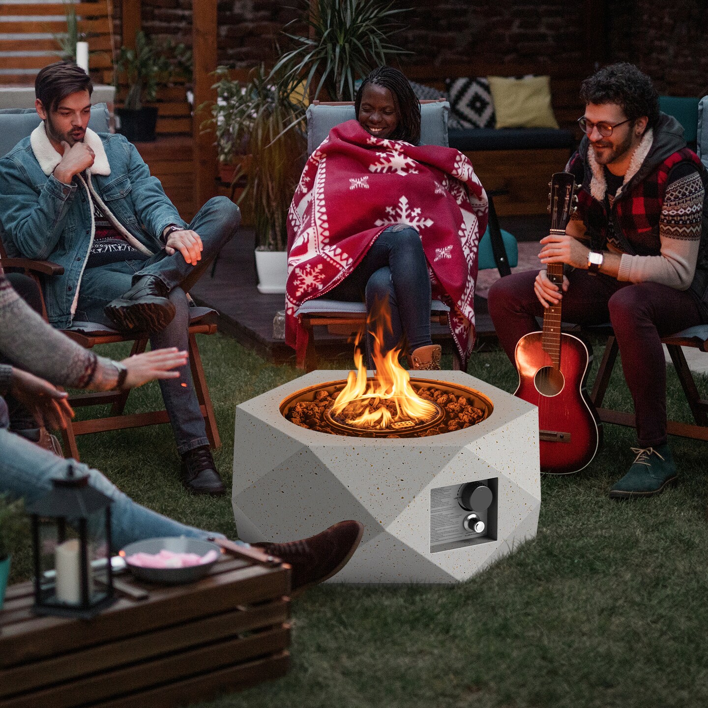 White Hexagon Terrazzo Fire Pit Table, 40,000 BTU and Stainless Steel Burner