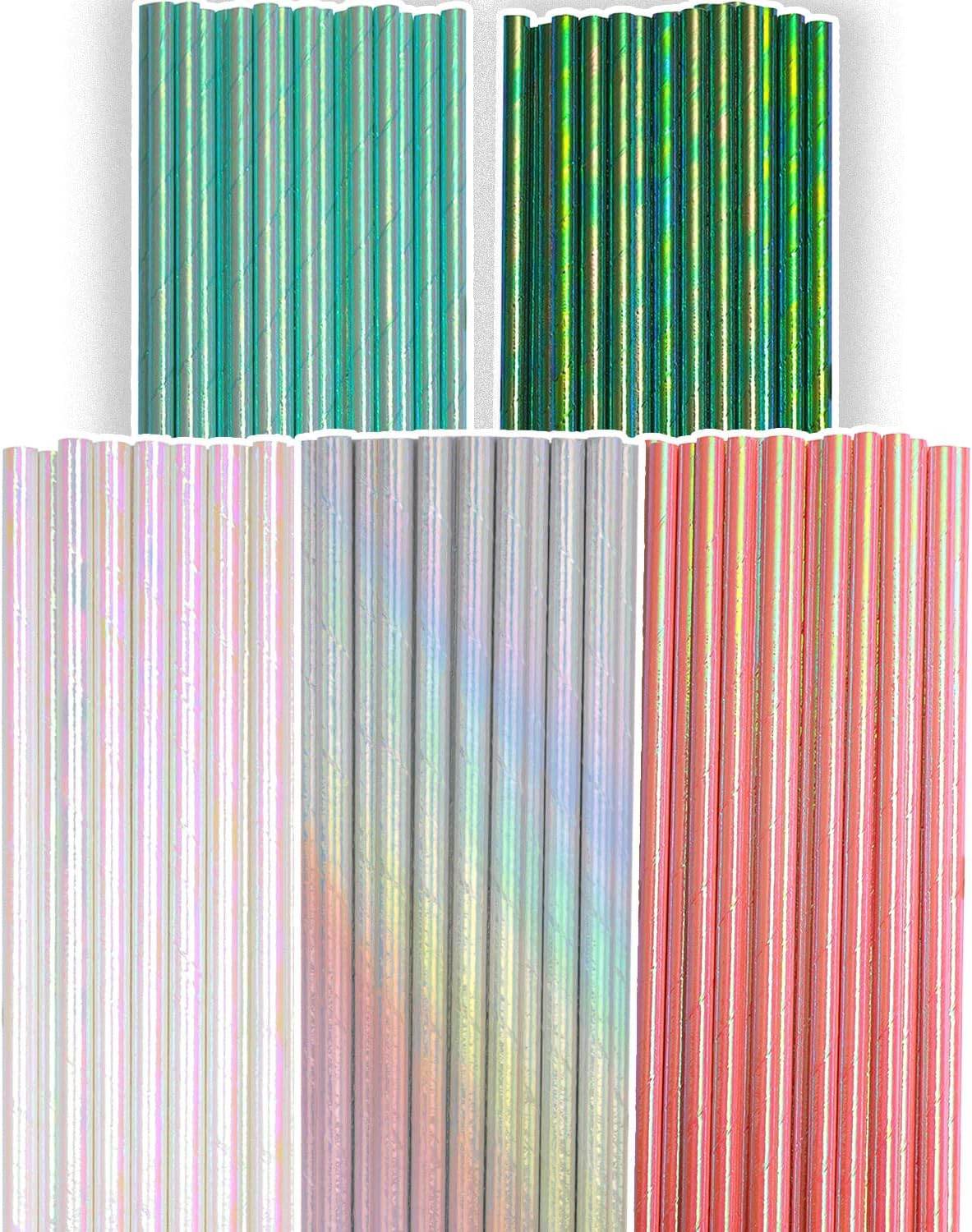 150pcs Iridescent Paper Straws for Drinking Disposable Sraws Disposable Straws Bulk&#xFF08;5 Color Muli