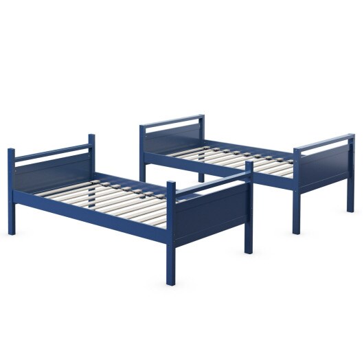 Convertible Twin Over Twin Bunk Bed in Blue &#x2013; Solid Wood &#x26; MDF, Guardrails &#x26; Ladder