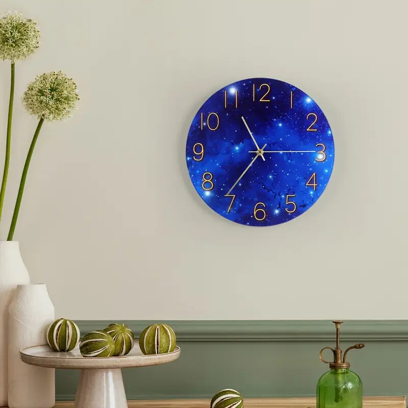 12-Inch Blue Glass Galaxy Wall Clock for Bedroom, Living Room, Office &#x2013; Frameless Silent Battery Operated Round Clock with Tempered Glass (Requires 1x AA Battery)