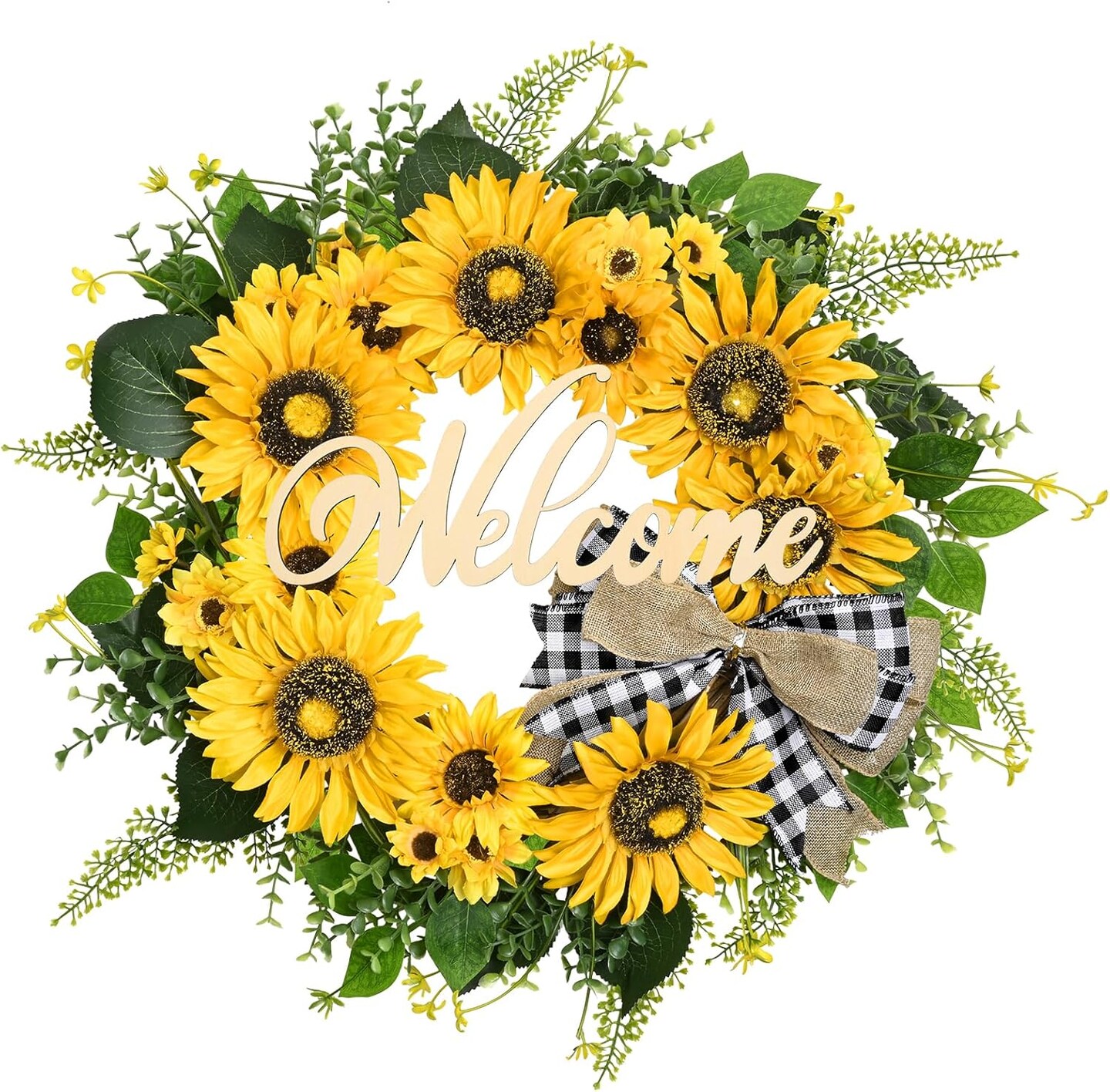 Summer Sunflower Wreath for Front Door &#x2013; 20&#x22; Farmhouse Wreath with Welcome Sign &#x26; Bow, Bright Seasonal Decor for Porch, Patio, or Window