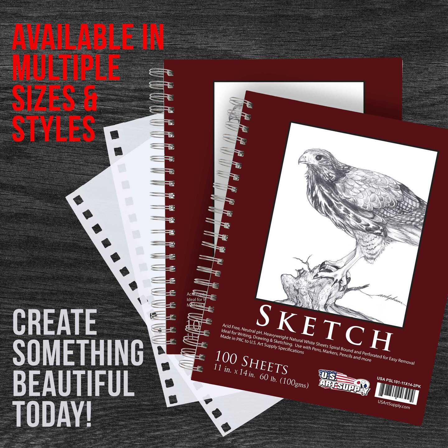 11&#x22;x14&#x22; Sketch Book Pad, 2 Pack (100 Sheets Each), 60lb (100gsm) Spiral Bound - Sketching, Drawing Pad, Acid-Free Paper - Sketch Pads For Adults, Students: Colored Pencils, Charcoal