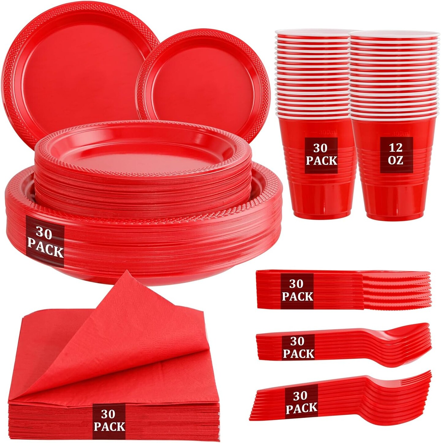 210 Pieces Red Party Supplies Disposable Dinnerware Set, Including Red Plastic Plates, 12OZ Cups, Plastic Cutlery and Paper Napkins