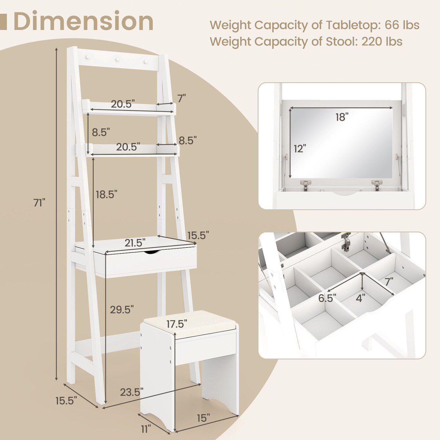 White Vanity Desk Set with Flip Top Mirror and Hidden Storage Compartments Cushioned Stool