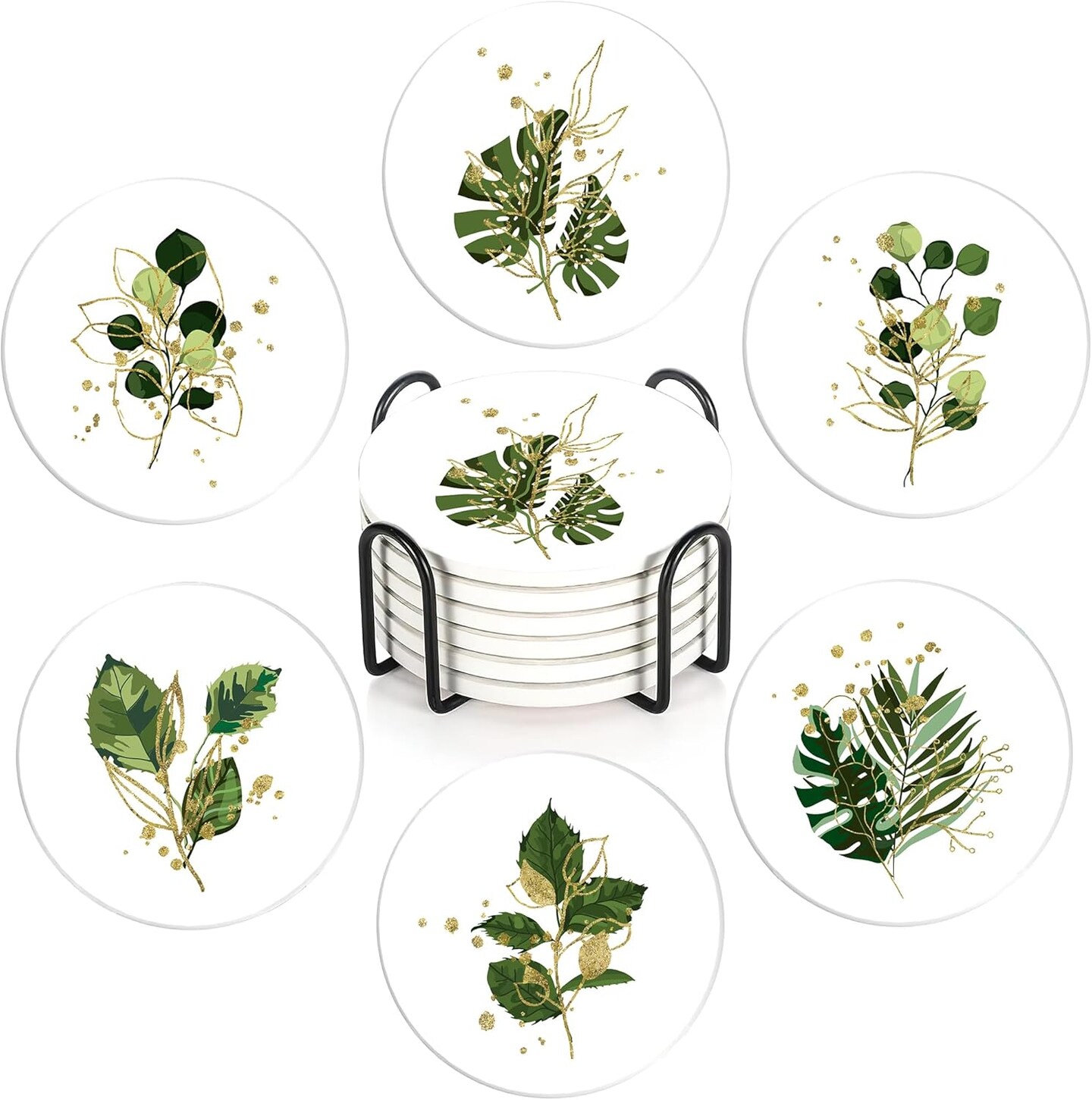 6 Pcs Green Plants Absorbent Ceramic Coasters with Cork Base