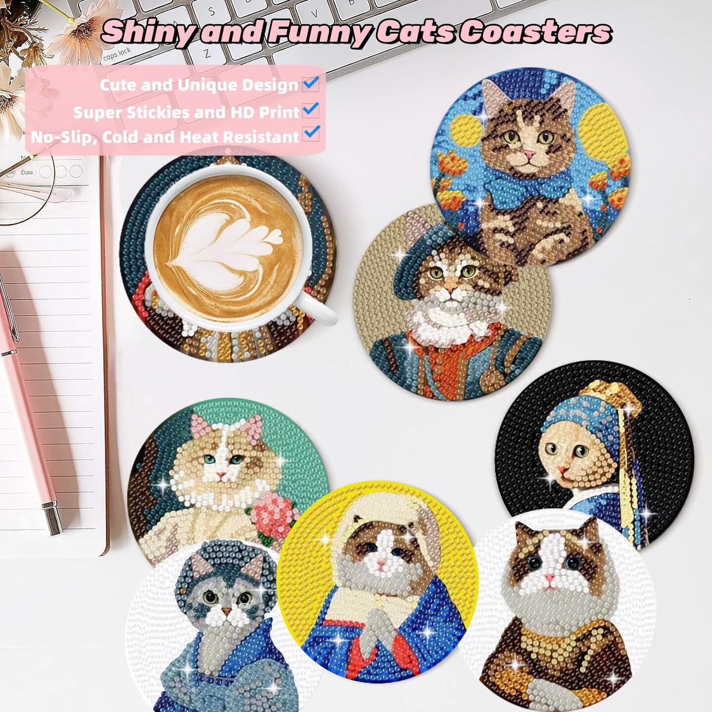 8 Pcs Diamond Painting Coaster Kit Set – Funny Cat Diamond Art Coasters with Holder, DIY Craft Kit for Adults, Diamond Dots Art Gift