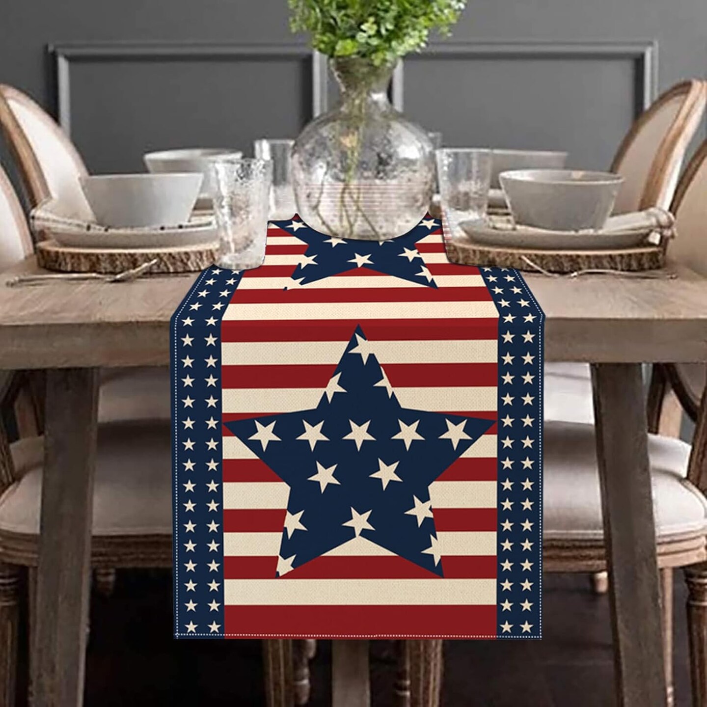 4th of July Table Runner 13 x 72 Inches, Patriotic Memorial Independence Day Decoration Linen Table Runners for Farmhouse Kitchen Dining (13&#x201D; x 72&#x201D;, Blue/Star)
