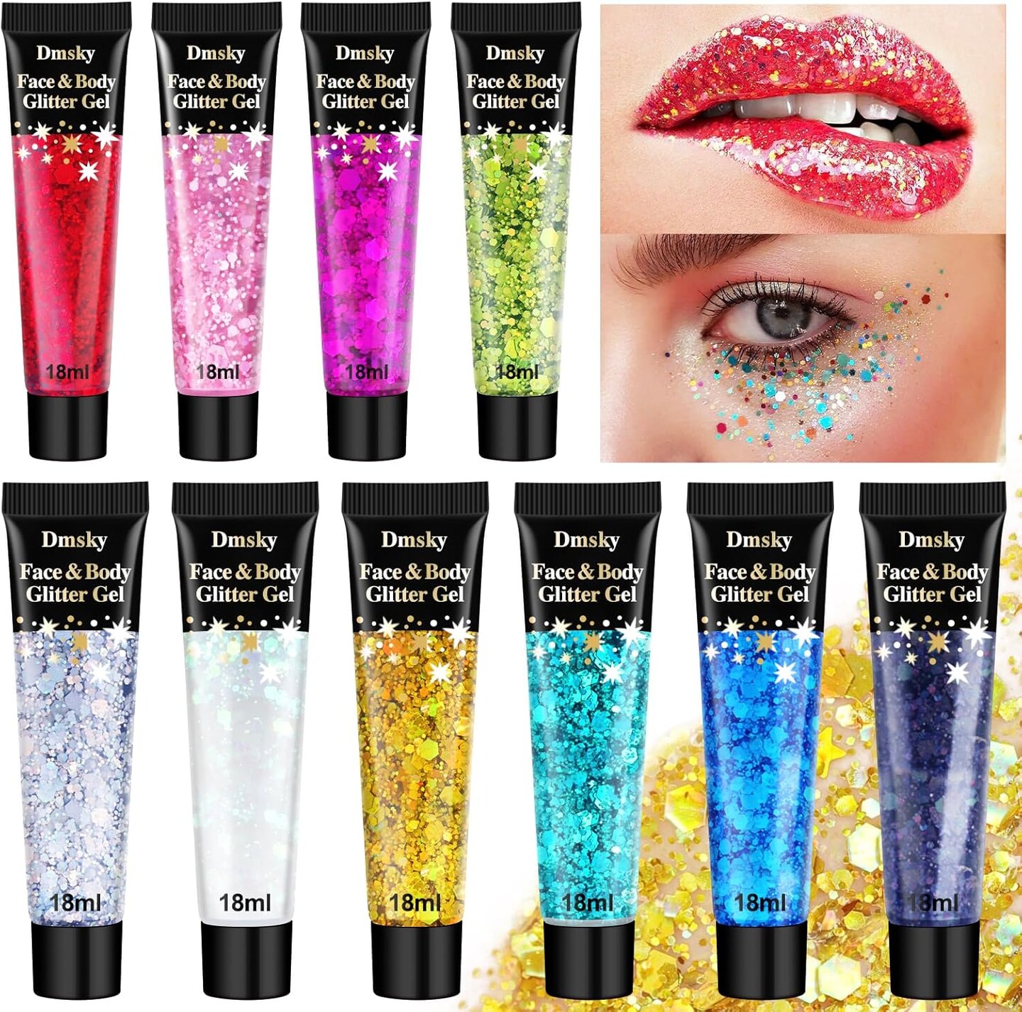 Body Glitter Hair Glitter Face Paint Sparkles Makeup,10 Colors Glitter Gel Singer Concerts Disco Rave Festival Valentine&#x2019;s Day Accessories,Chunky Sequins Mermaid Gel for Women Eyeshadow Children Hair