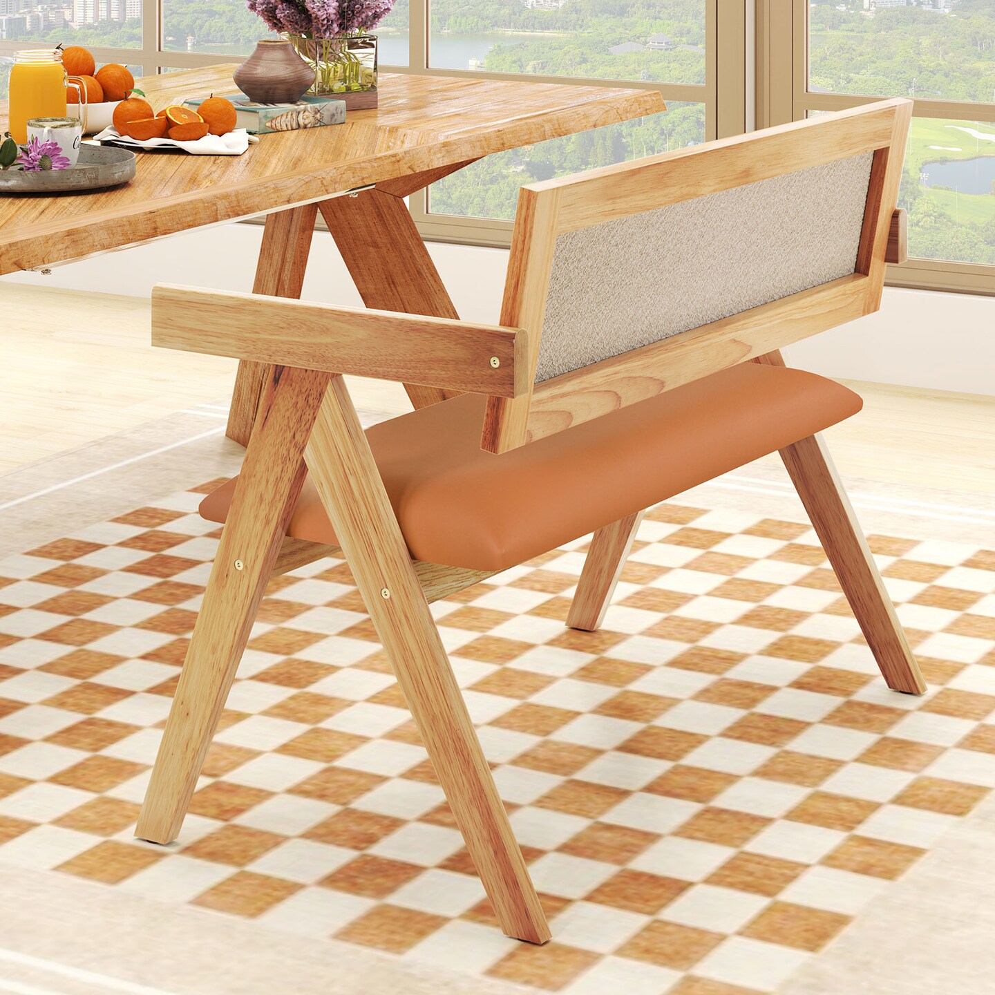 Natural Wood Dining Bench with Sherpa Upholstered Backrest and Soft-Padded Seat