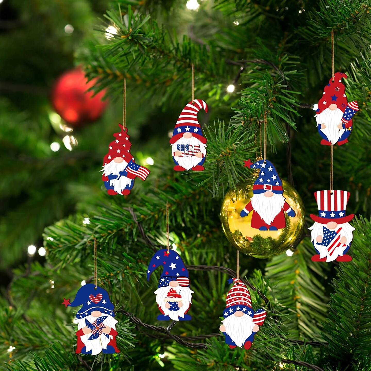 4th of July Gnome Ornaments Independence Day Hanging Decorations Patriotic Tree Decor Wooden Red White and Blue Wooden Gnome Hanging Decoration for Independence Memorial Day Party(24 Pieces)