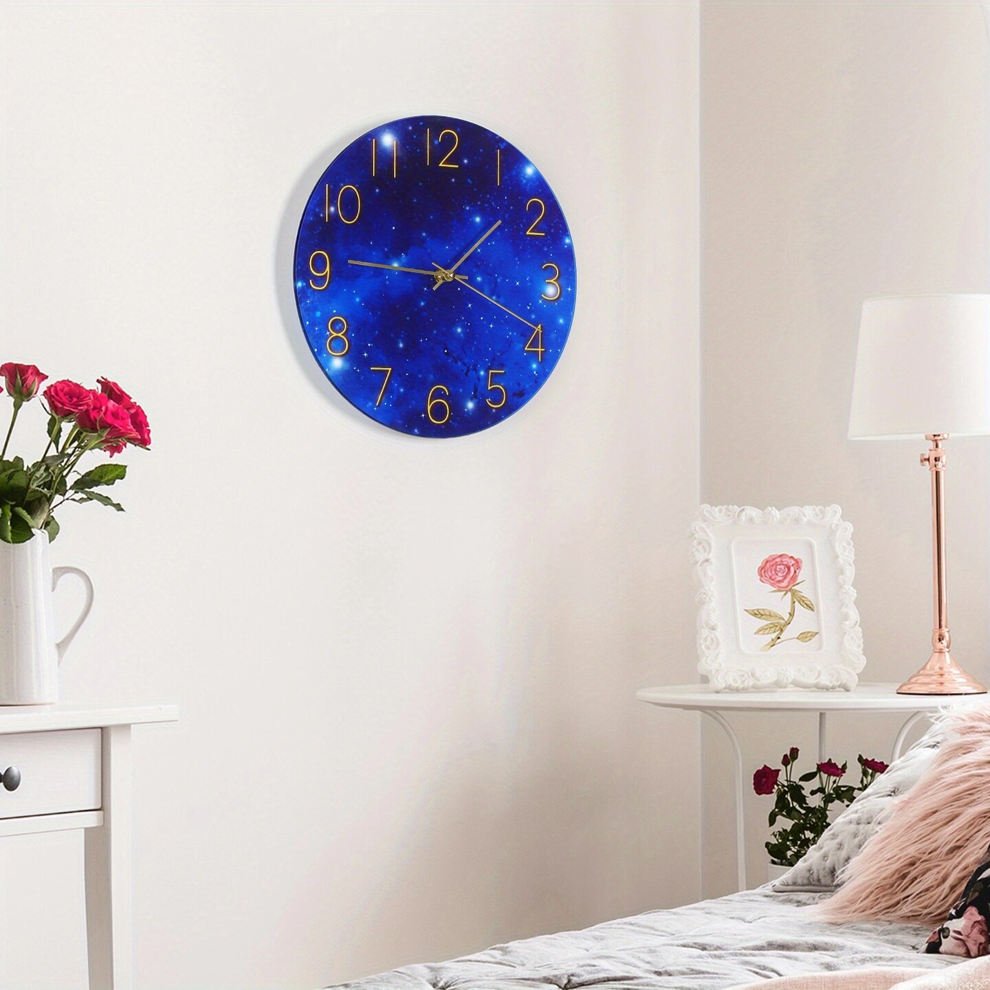 12-Inch Blue Glass Galaxy Wall Clock for Bedroom, Living Room, Office &#x2013; Frameless Silent Battery Operated Round Clock with Tempered Glass (Requires 1x AA Battery)