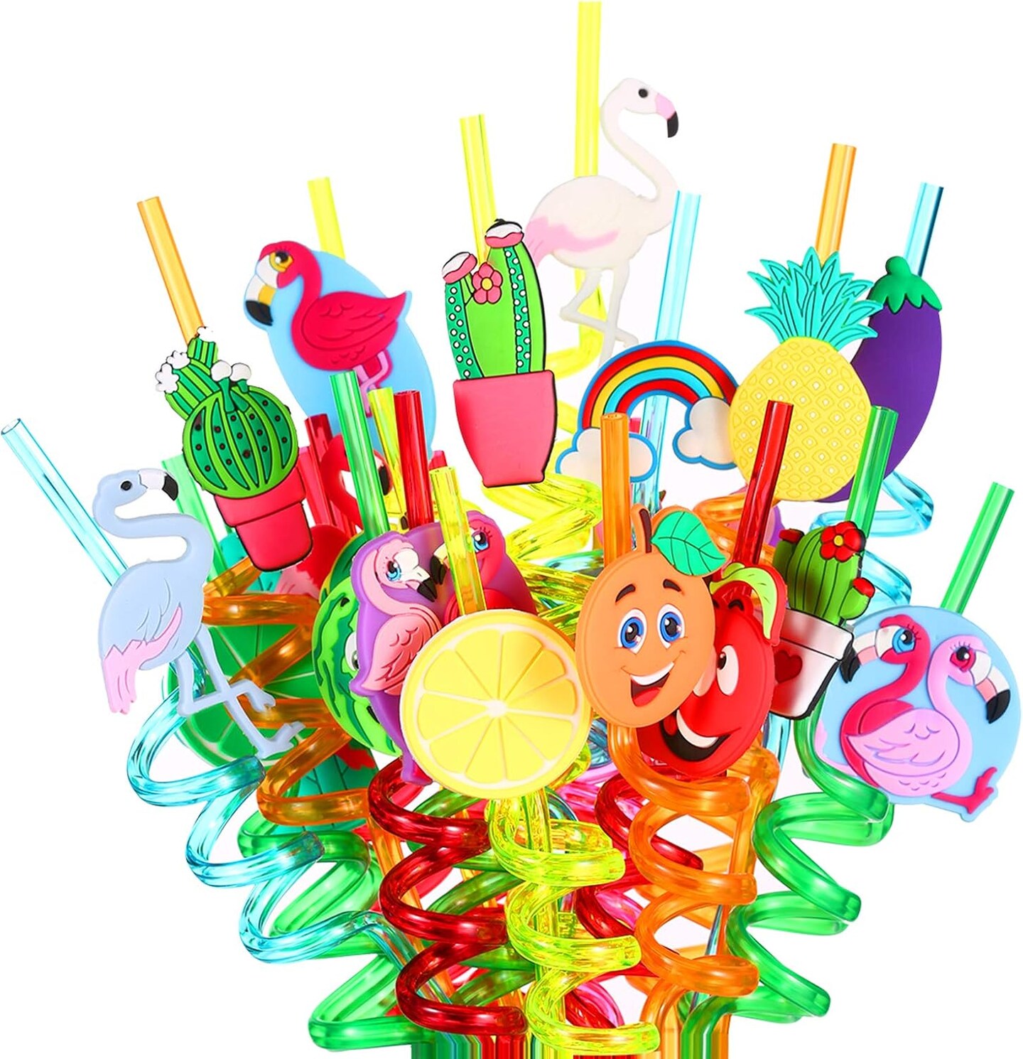 24 Flamingo Fruit Cactus Reusable Plastic Straws,Hawaiian Beach Cocktail Luau Party Decorations Supplies Favors