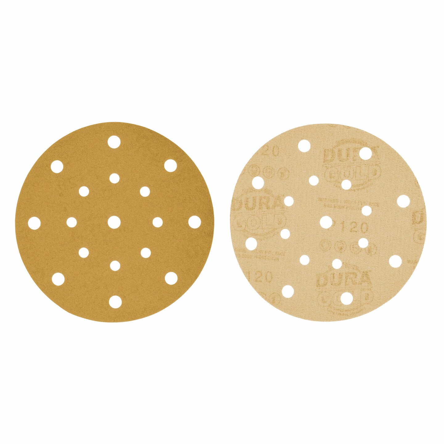 120 Grit - 6&#x22; Gold Sanding Discs - 17-Hole Pattern Hook and Loop for DA Sander - Box of 50