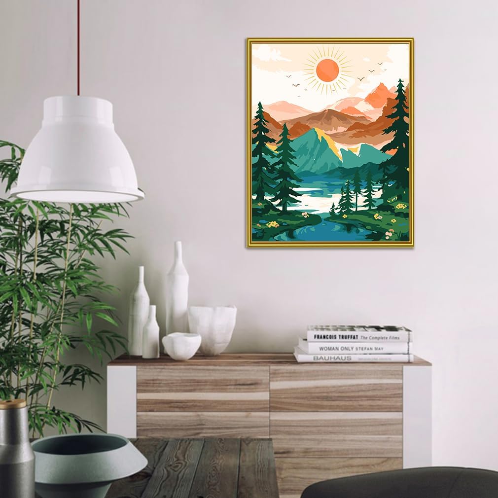Landscape Paint by Numbers Kit for Adults Beginner, Sun & Mountain Paint by Number Canvas,Acrylic Abstract Paint with Numbers for with 3 Pcs Paintbrushes Home Wall Decor Gift (16 x 20 in)