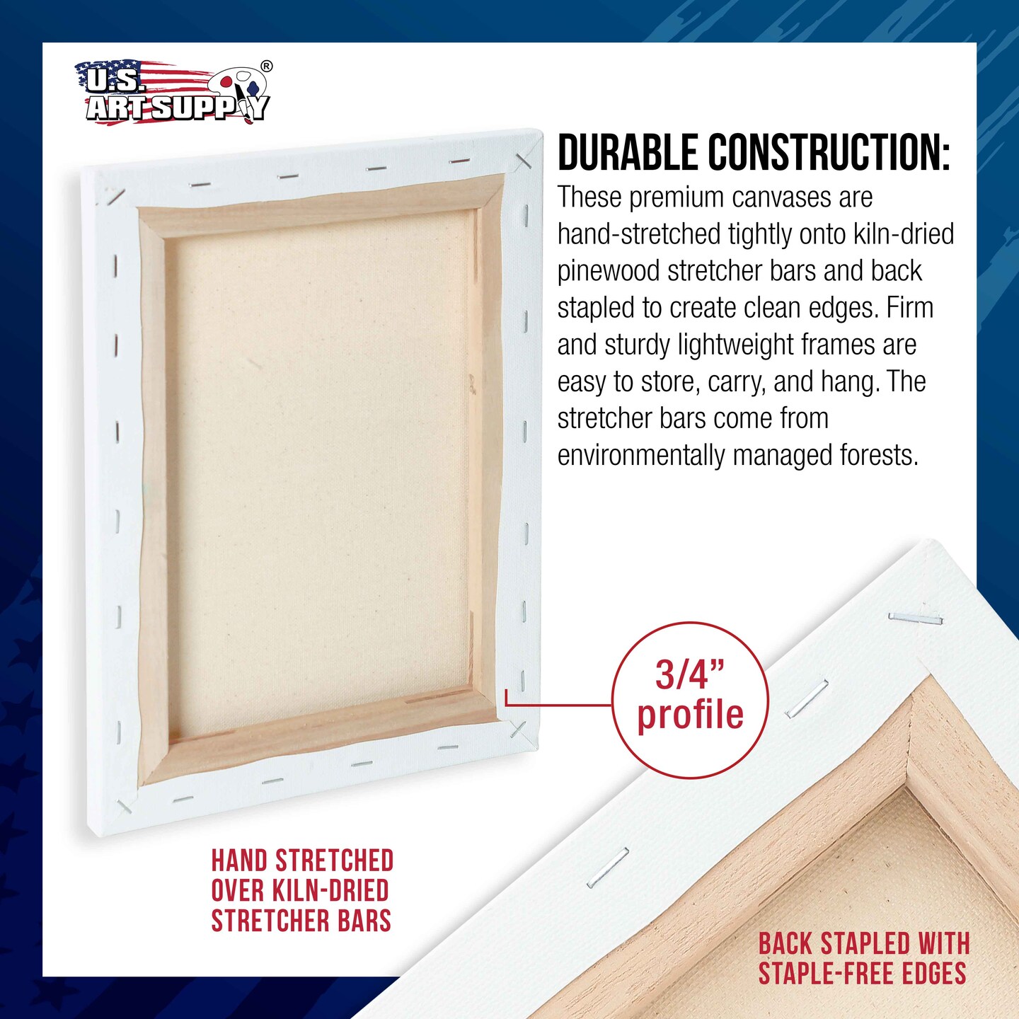 24 x 36 inch Stretched Canvas 12-Ounce Triple Primed, 3-Pack - Professional Artist Quality White Blank 3/4&#x22; Profile, 100% Cotton, Heavy-Weight Gesso
