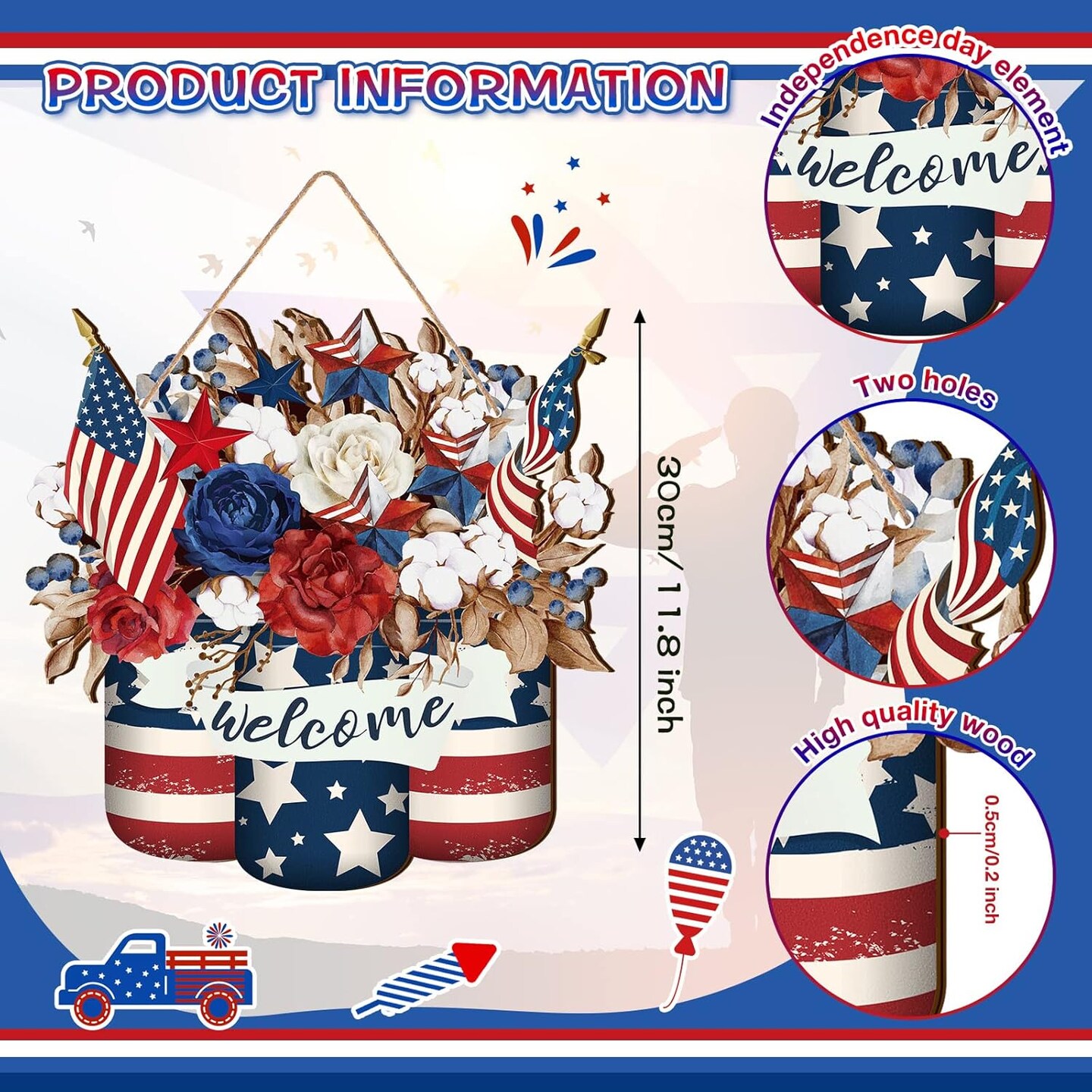 4th of July Decorations Patriotic Door Sign Wooden Memorial Day Wreath Red White Blue American Flag Door Hanger Independence Day Decor for Front Porch Wall Home Outdoor(Stylish)