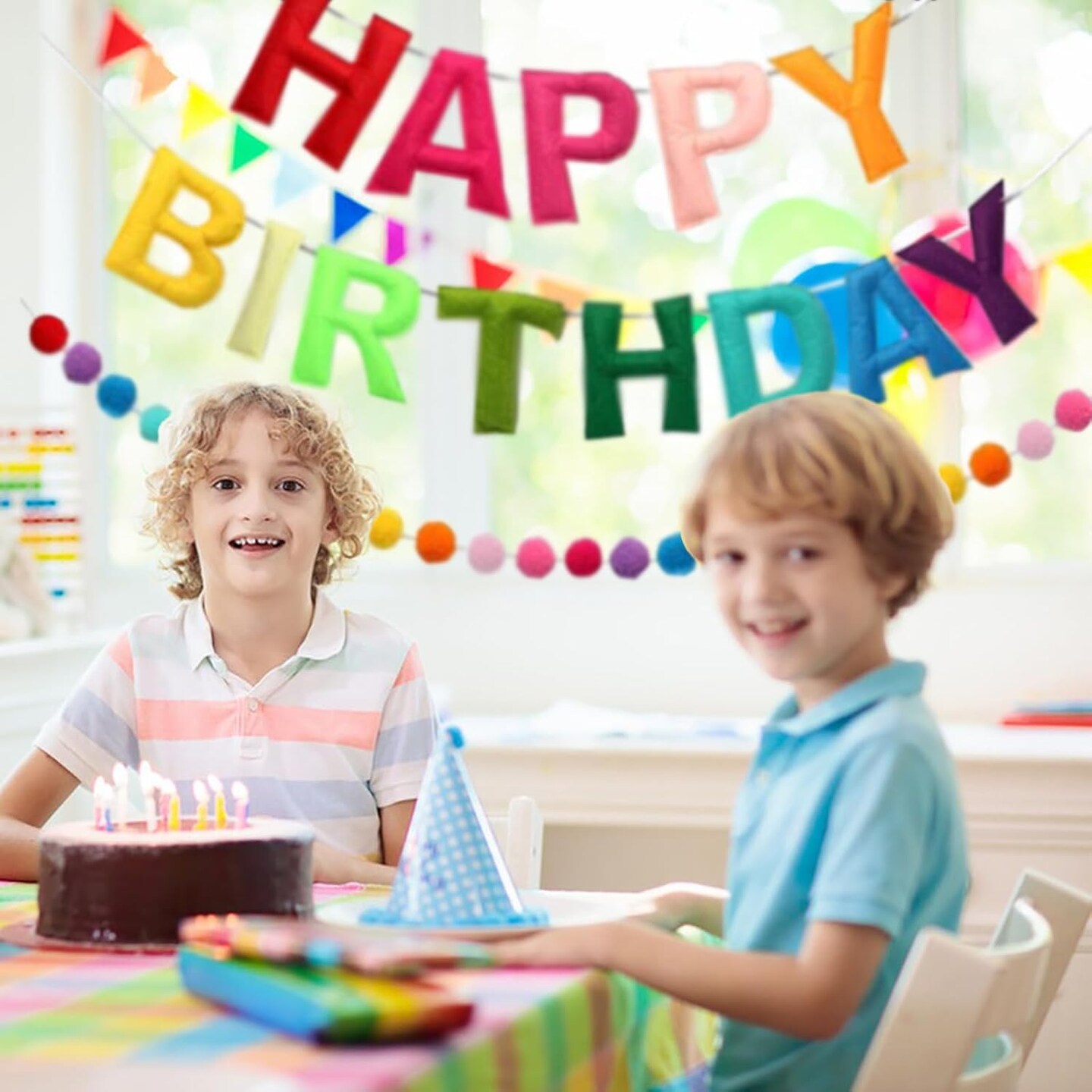 Happy Birthday Banner - Rainbow Color Felt Ball Garland, Personalized Sign