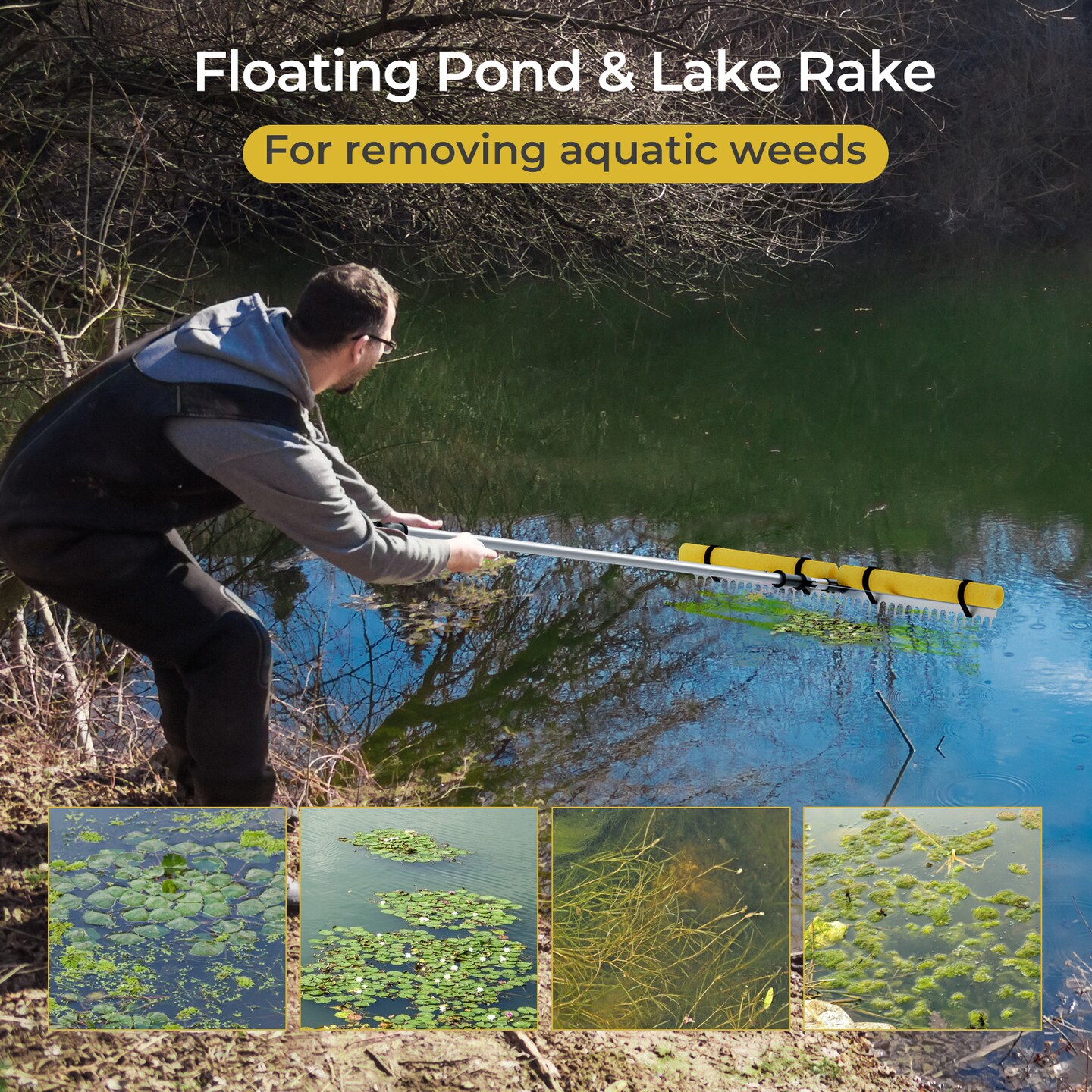 Silver Lake Rake Aquatic Pond Weed Cutter with 2 Removable Foam Floats and Aluminum Pole