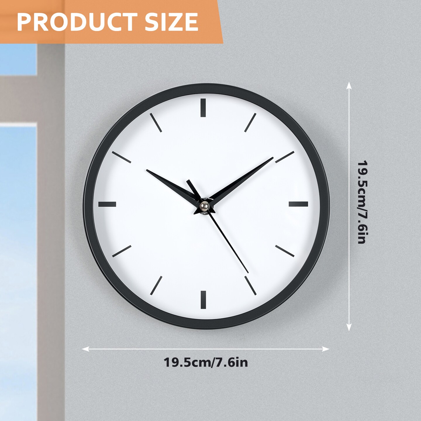 8 Inch Stainless Steel Wall Clock (20 cm) - Silent Battery Operated Non-Ticking Clock with Brushed Metal Finish, Black Dial for Living Room, Bedroom, Office