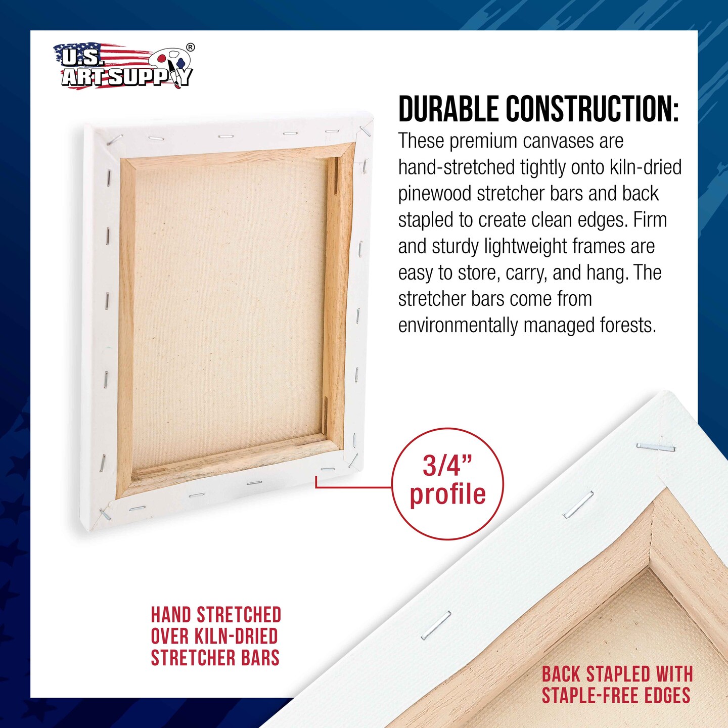 16 x 16 inch Stretched Canvas 12-Ounce Triple Primed, 6-Pack - Professional Artist Quality White Blank 3/4&#x22; Profile, 100% Cotton, Heavy-Weight Gesso