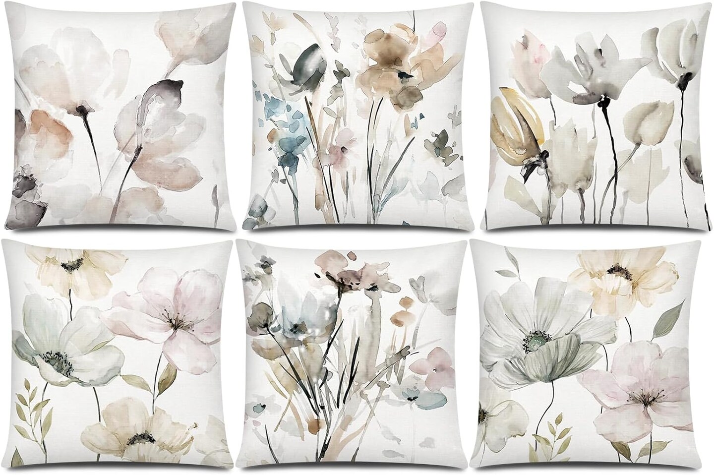 Set of 6 18×18 Inch Brown, White, and Grey Flower Pillow Covers – Modern Watercolor Floral Throw Pillowcases for Couch, Sofa, Bedroom, Living Room, and Farmhouse Home Décor
