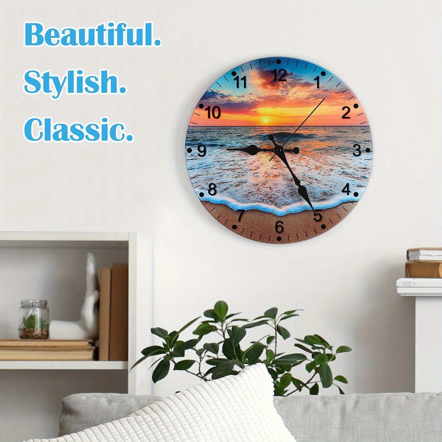 12-Inch Beach-Themed Blue Glass Wall Clock – Frameless Silent Battery Operated, Tempered Glass Design with Analog Display (1x AA Battery Required)