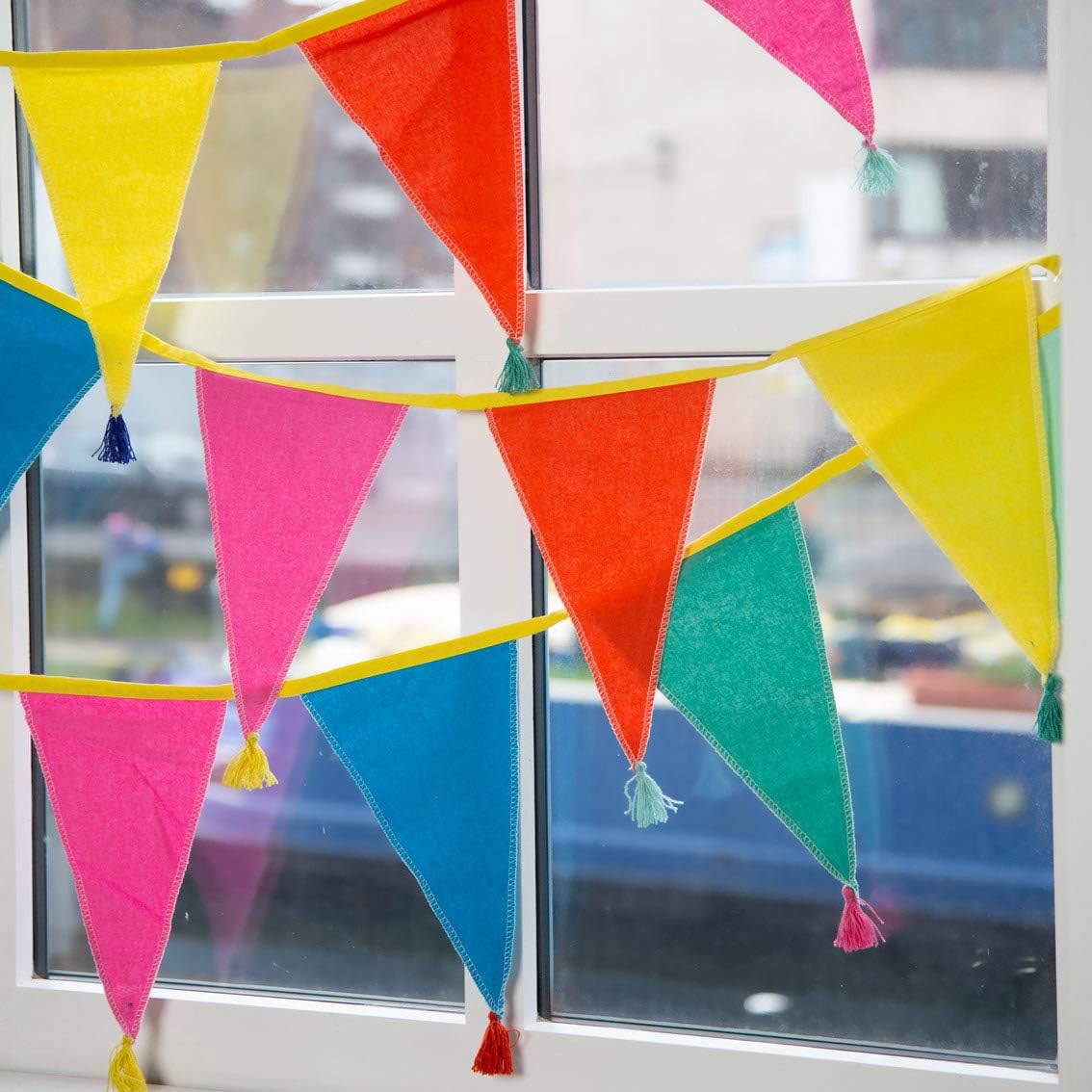 Fabric Rainbow Bunting with Tassels - 10ft | Triangle Flag Pennant Garland, 100% Cotton, Home D&#xE9;cor, Indoor Outdoor Birthday Party Decorations