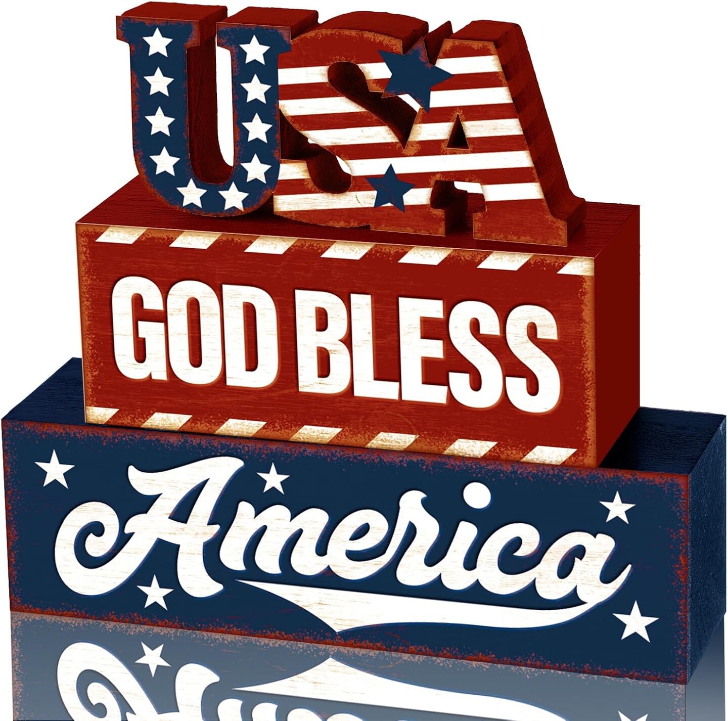 3 Pcs Farmhouse 4th of July Patriotic Table Sign Independence Day Table Wood Decorations Patriotic Themed Rustic Farmhouse Wood Block Sign for Party Home Desk