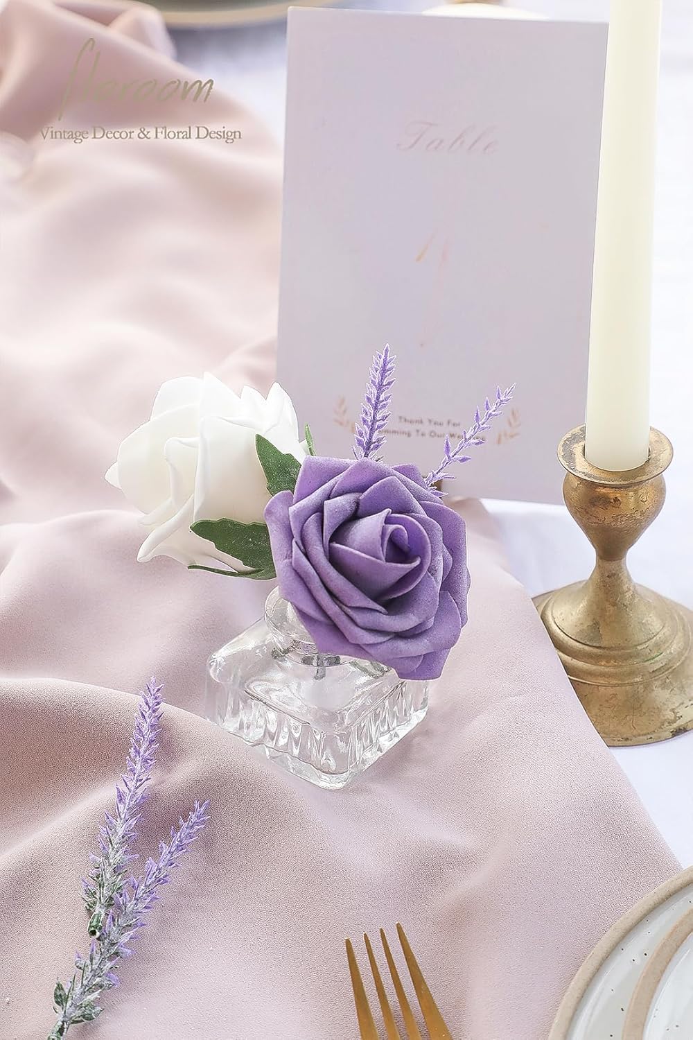 Artificial Purple Lavender, 4 Bushes Flocked Fake Lilac Flower for Wedding Bouquet DIY Table Centerpieces and Floral Arrangement Decoration
