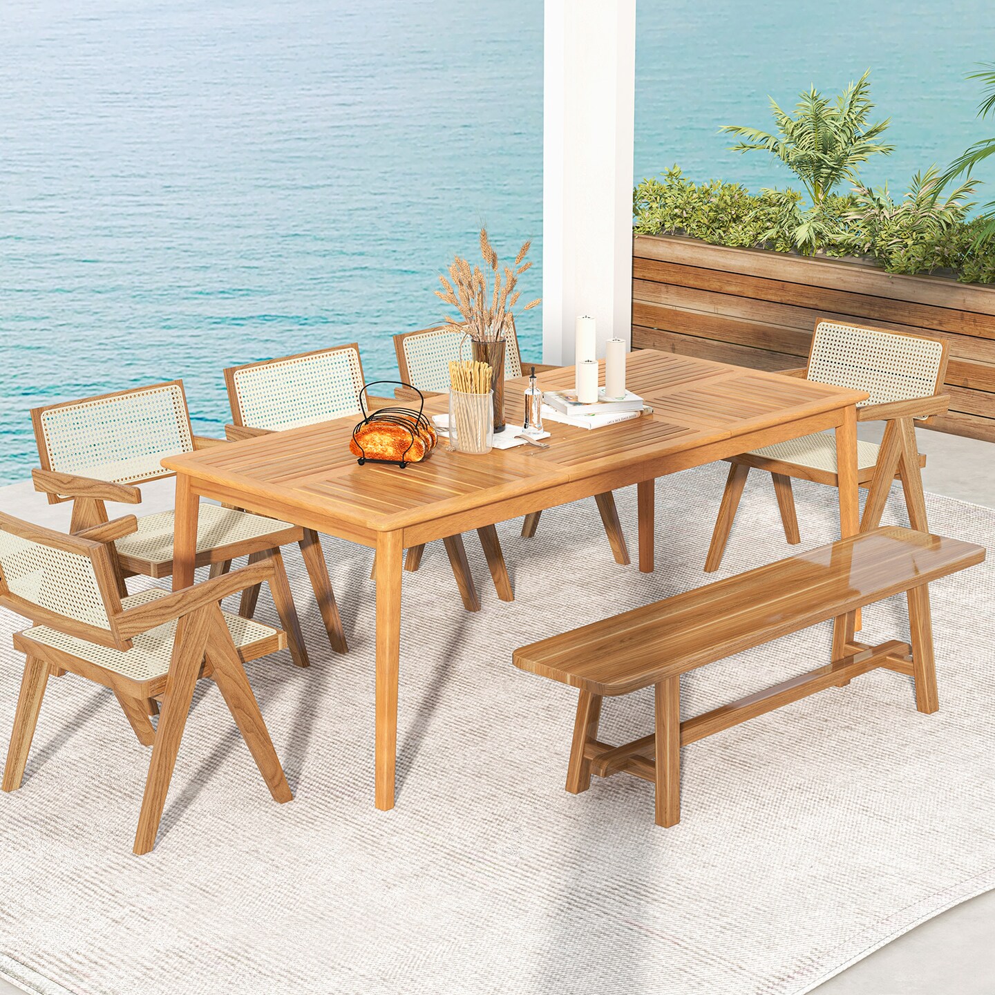 Natural Acacia Wood 8-Person Patio Rectangular Dining Table with Umbrella Hole