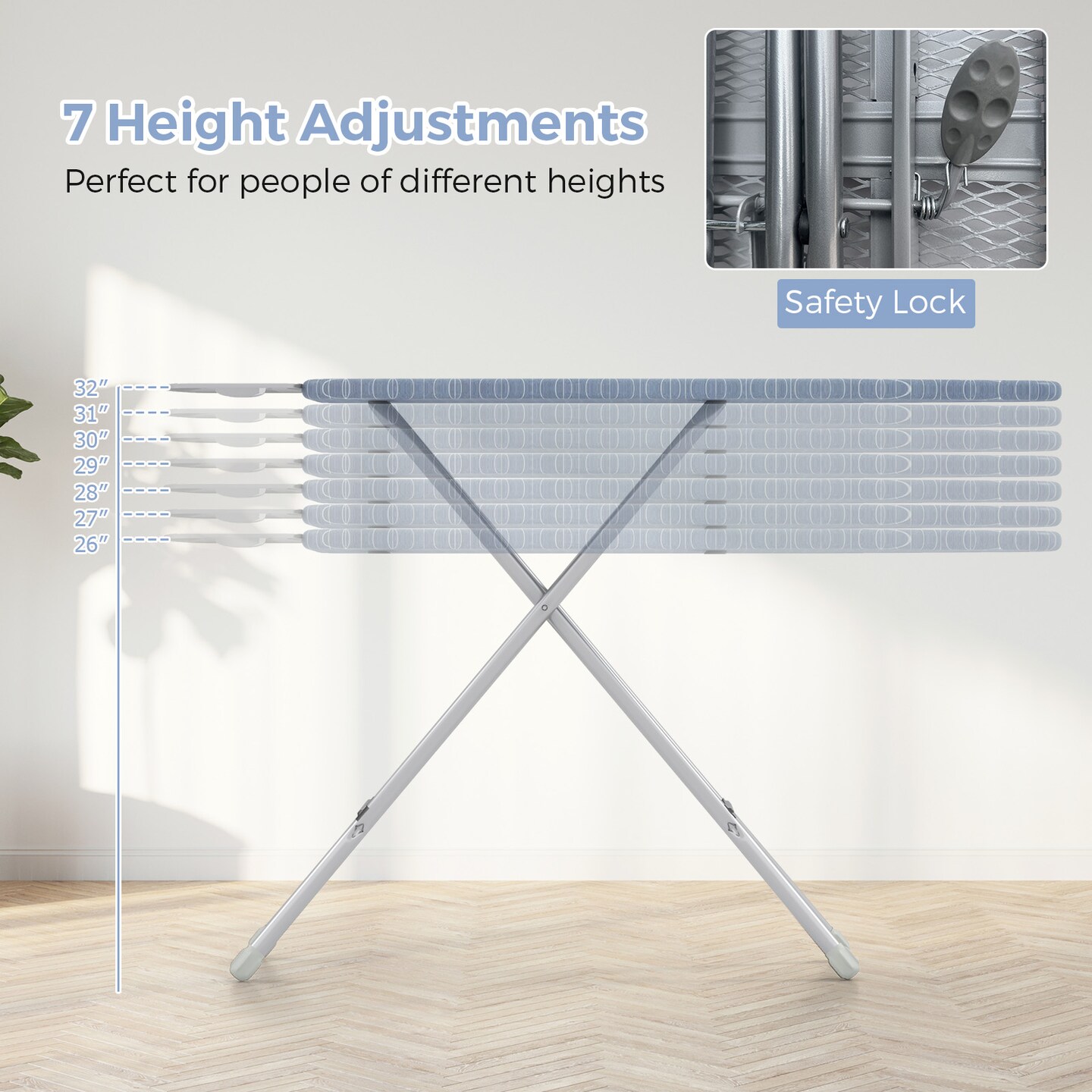 Adjustable Ironing Board &#x2013; 7-Height Carbon Steel Iron Table with Heat-Resistant Cover &#x26; Iron Rest