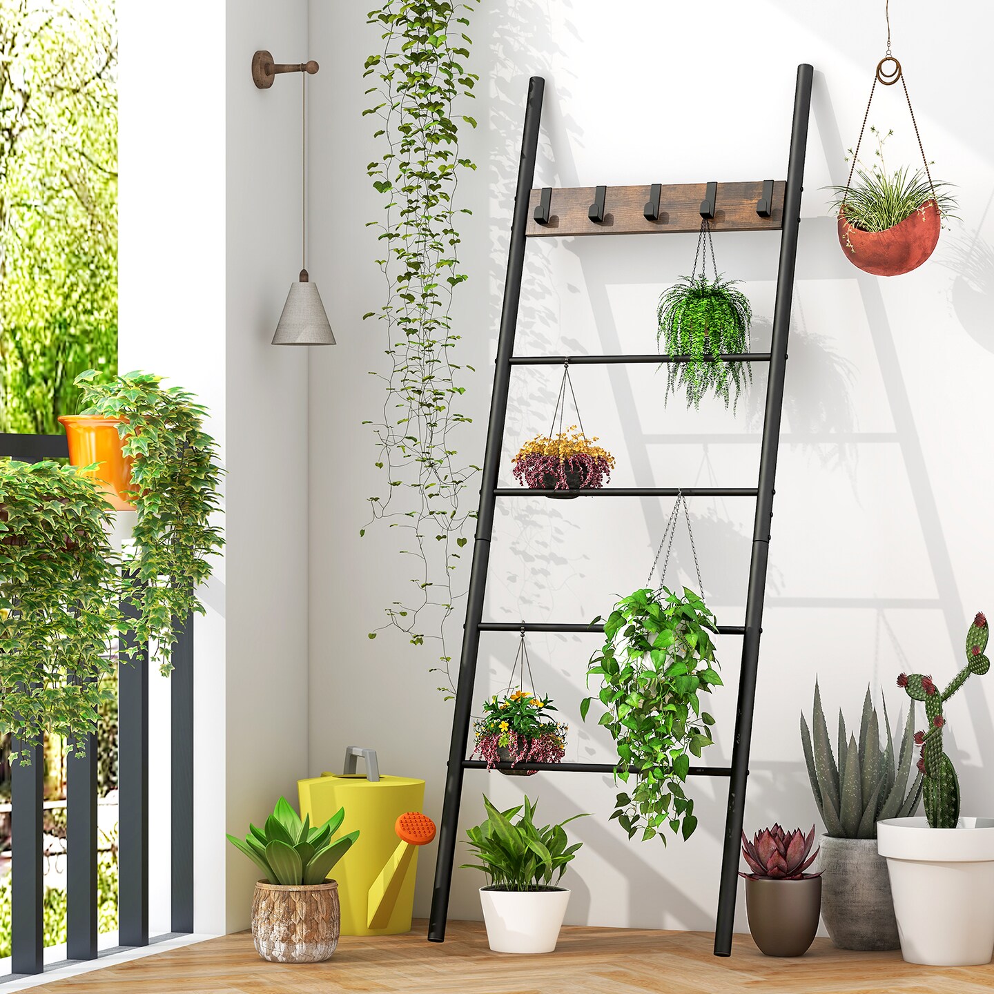 Black Wall-Leaning Decorative Blanket Holder with 5 Removable Hooks and Ladder Shelf