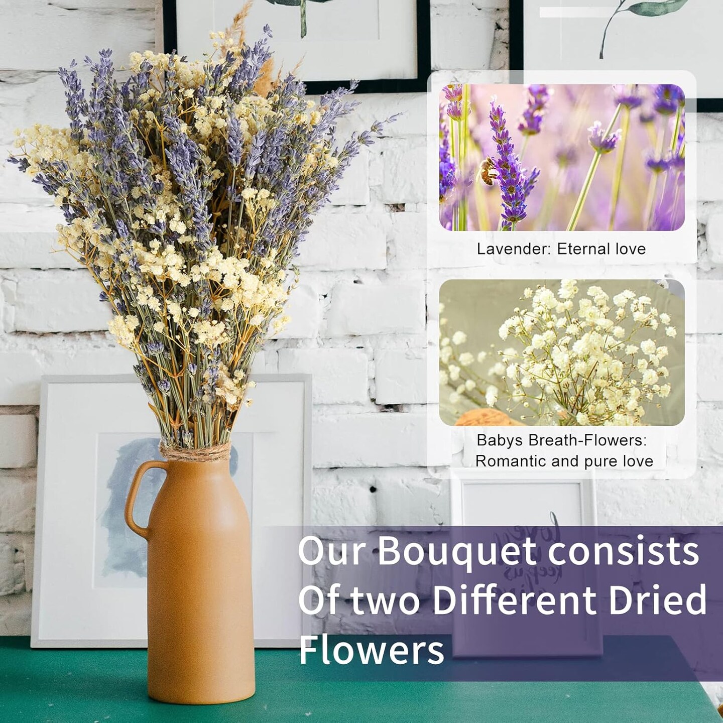 Dried Lavender &#x26; Baby&#x27;s Breath Flowers Bundles, 2 Bunches Dried Flower Bouquet for Vase, Natural Gypsophila, Valentines Day Decor Present, Home, Wedding, Photography, Floral Arrangement, DIY