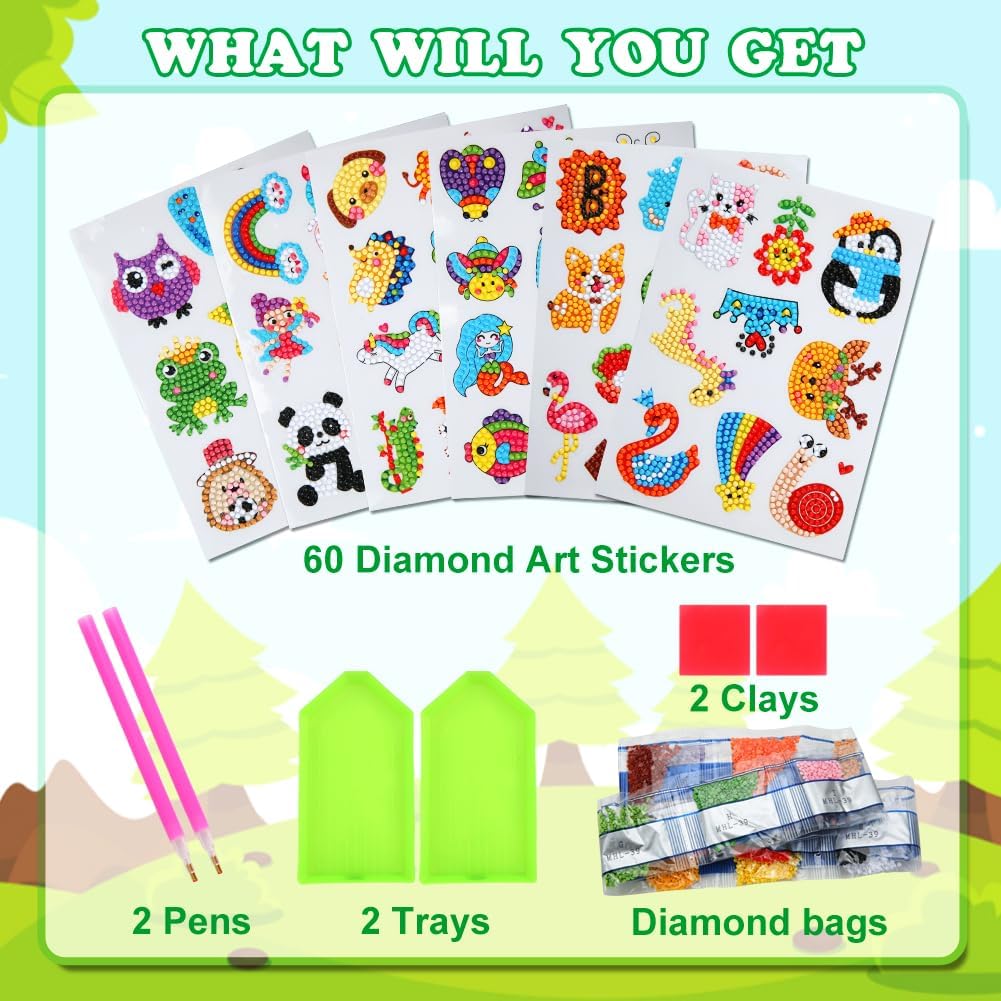 60pcs 5D Diamond Art Stickers Arts and Crafts Creative Gem Art Paint by Number Kits for Kids Ages 4-6 6-8 8-12 Boys Girls DIY Mosaic Stickers Toys for Birthday Party Halloween Christmas Gifts