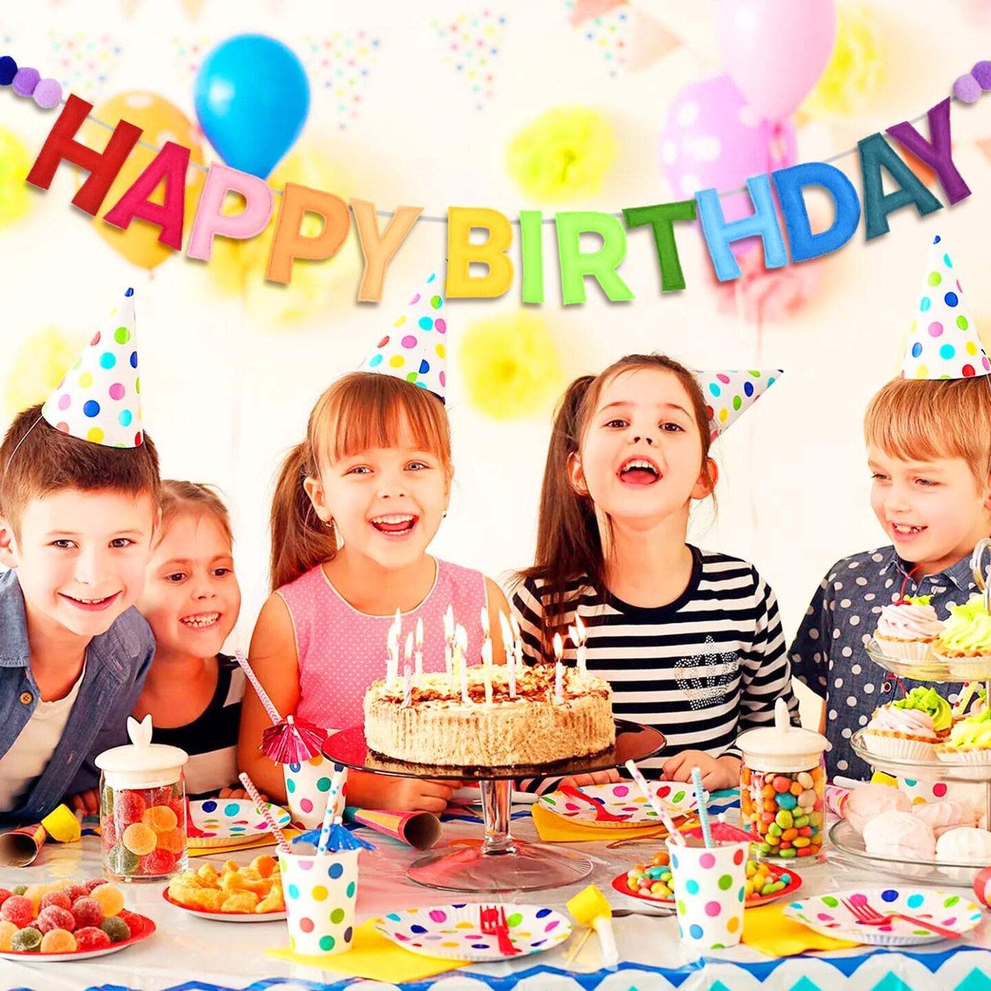 Pre-Strung Felt Happy Birthday Garland with Pompom Balls, Handmade Banner Decorations for Party Decor (Color)