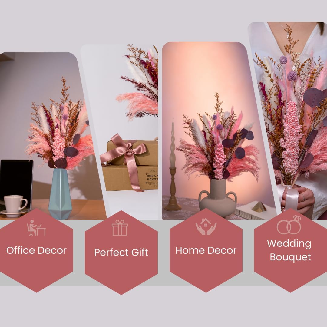 Natural Preserved & Dried 17 inch Flower Bouquet| Real Dried Flower Arrangements for Home, Office Decoration, Weddings, Pink Pampas, White Pampas, Lavender, Bunny Tails