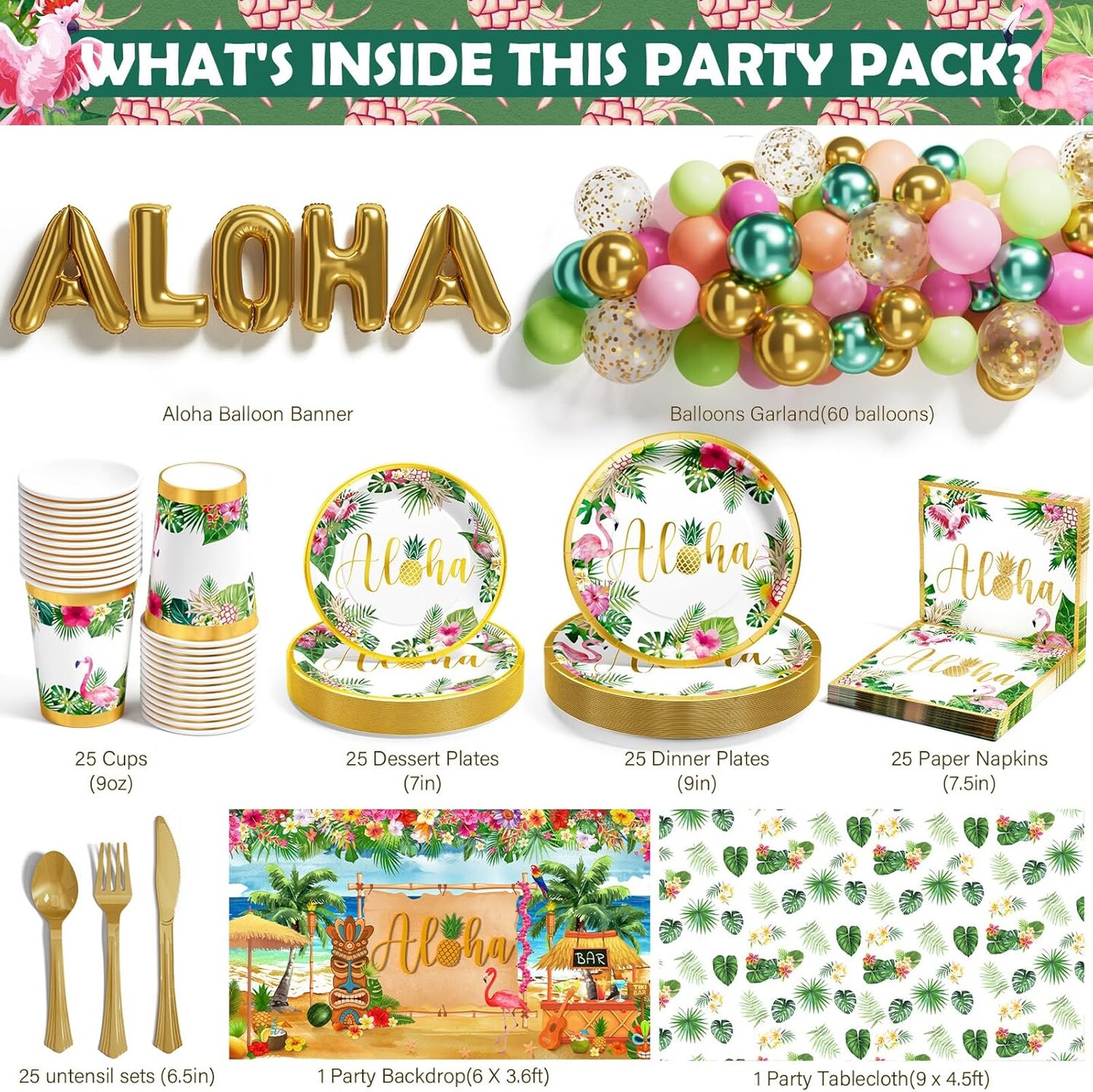 Hawaiian Luau Birthday Party Supplies, 246PCS Disposable Dinnerware(25 Guest) &#x26; Tropical Decoration Aloha Summer Beach Paper Plate Cup Napkin Cutlery Tablecloth Backdrop Balloon Garland